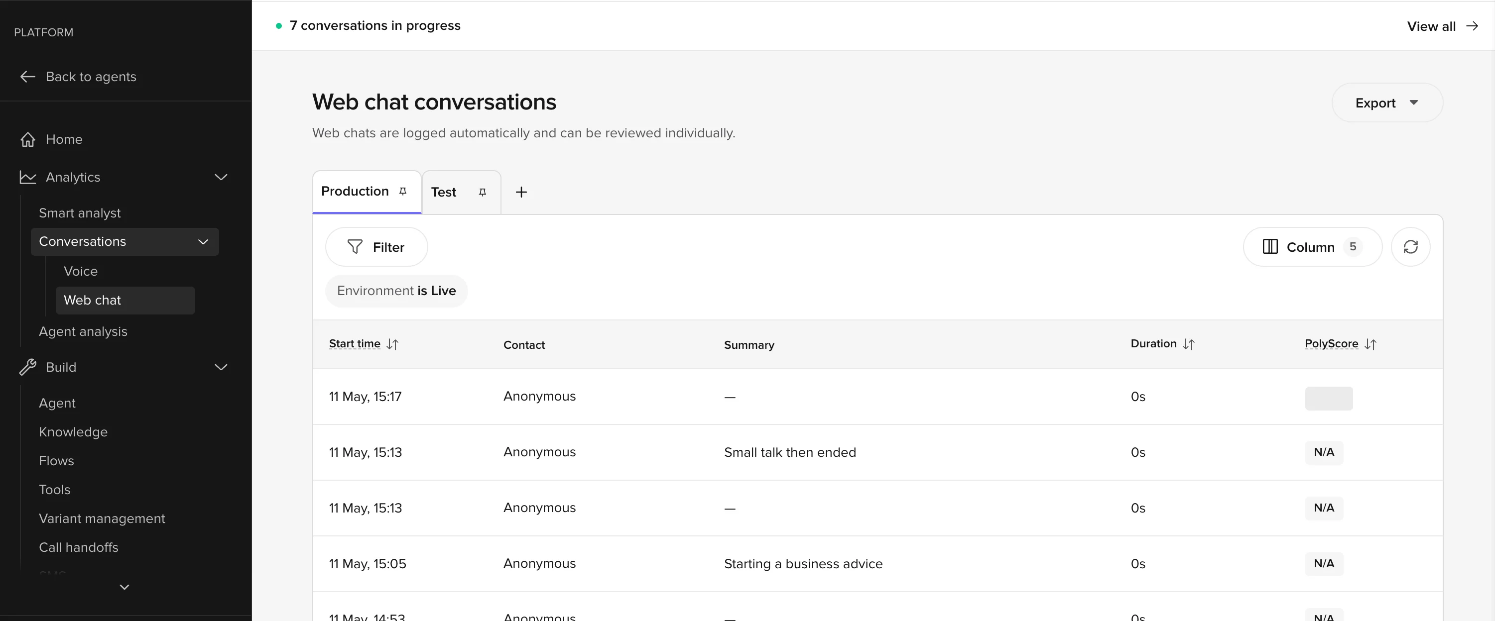 Web chat conversations page with the Production view pinned, an Environment is Live filter chip, and a 7 conversations in progress banner above the table