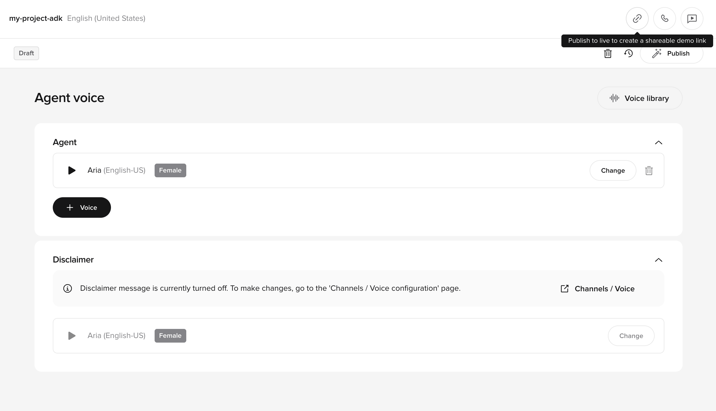 Agent Voice page showing the Agent and Disclaimer sections, each with a selected voice and a Change button