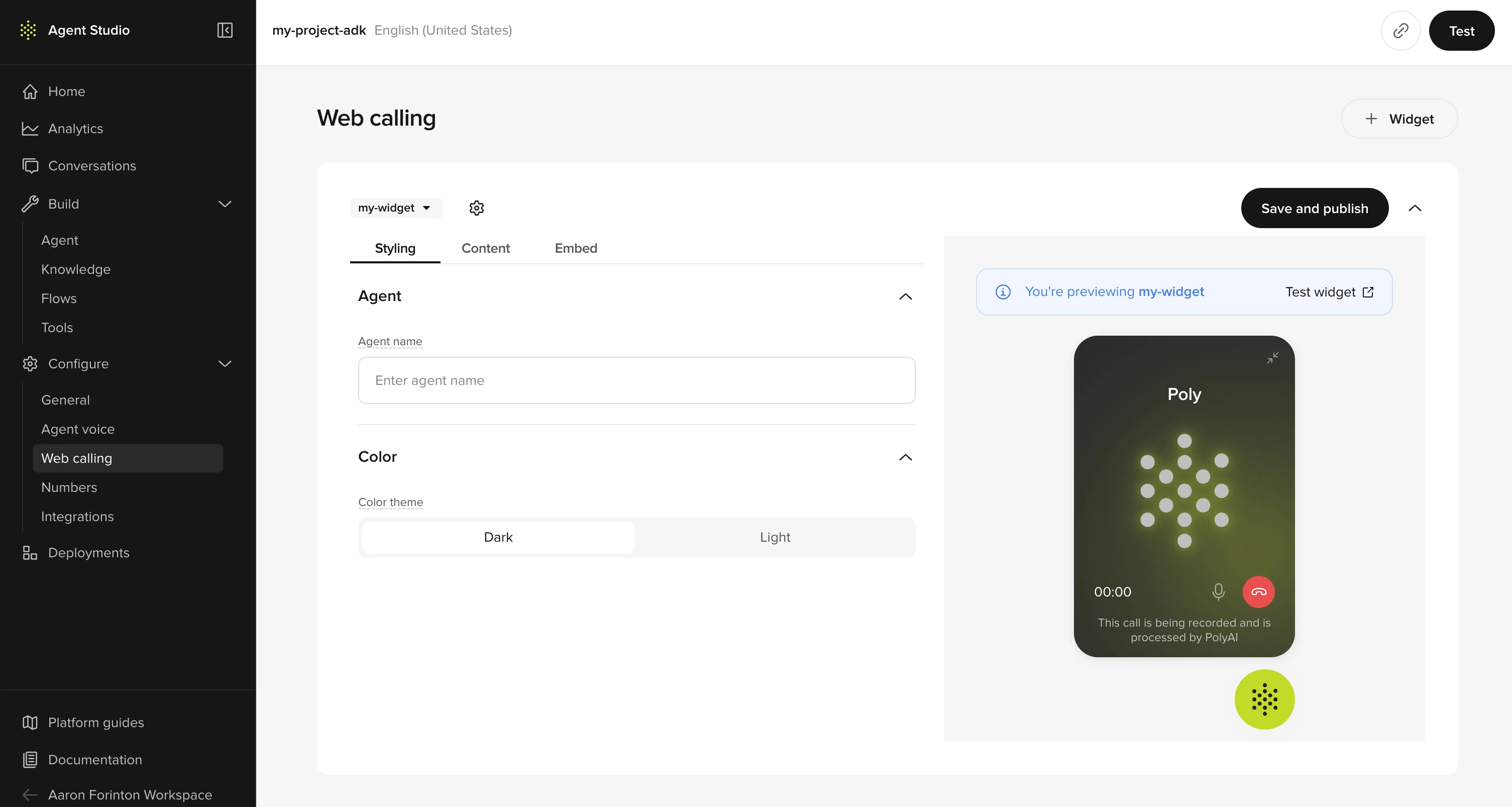 Widget editor Styling tab showing Agent name field, Color theme toggle, and a live preview of the widget