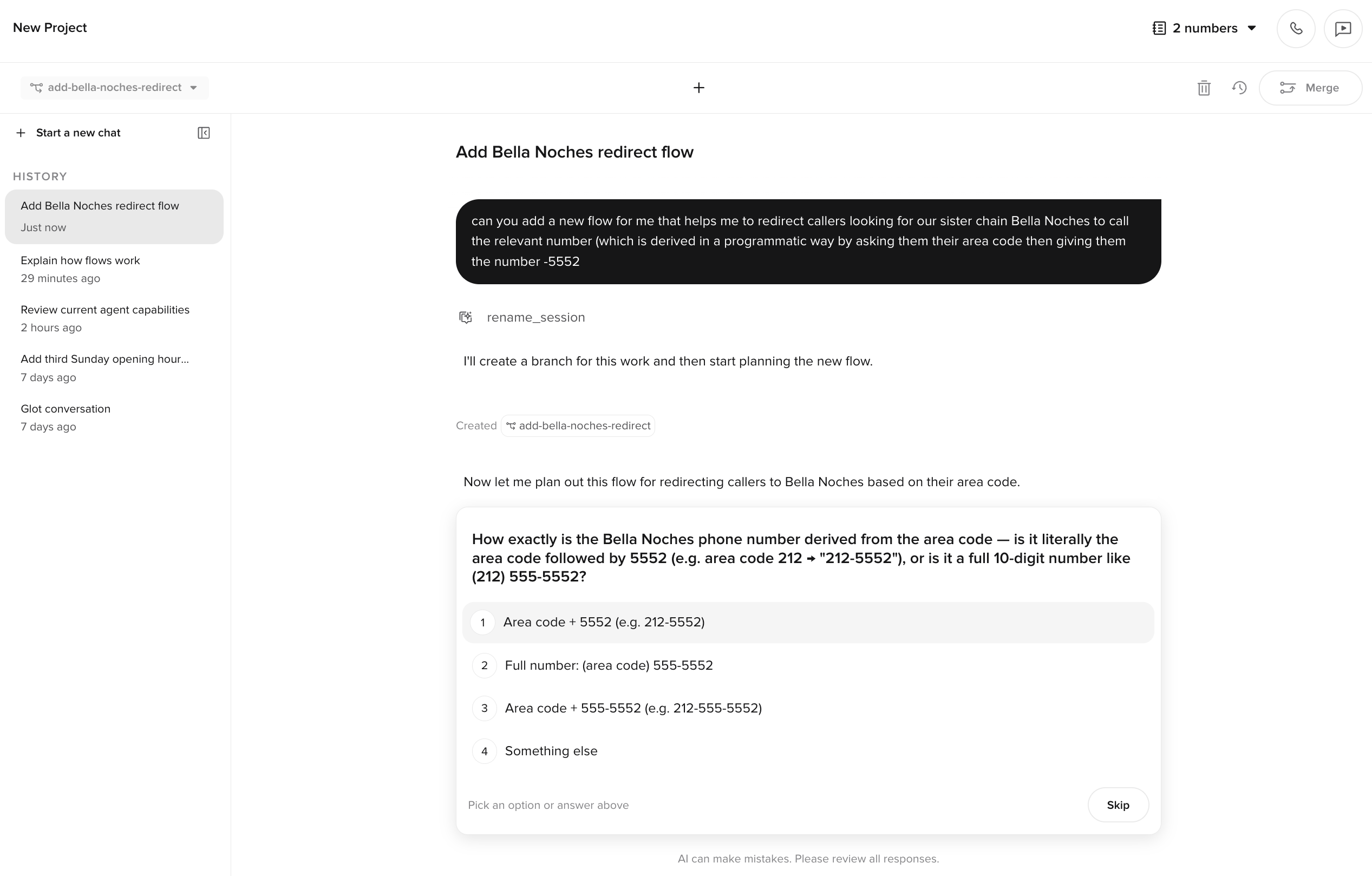 Agent Builder asking a clarifying multiple-choice question with a Skip option
