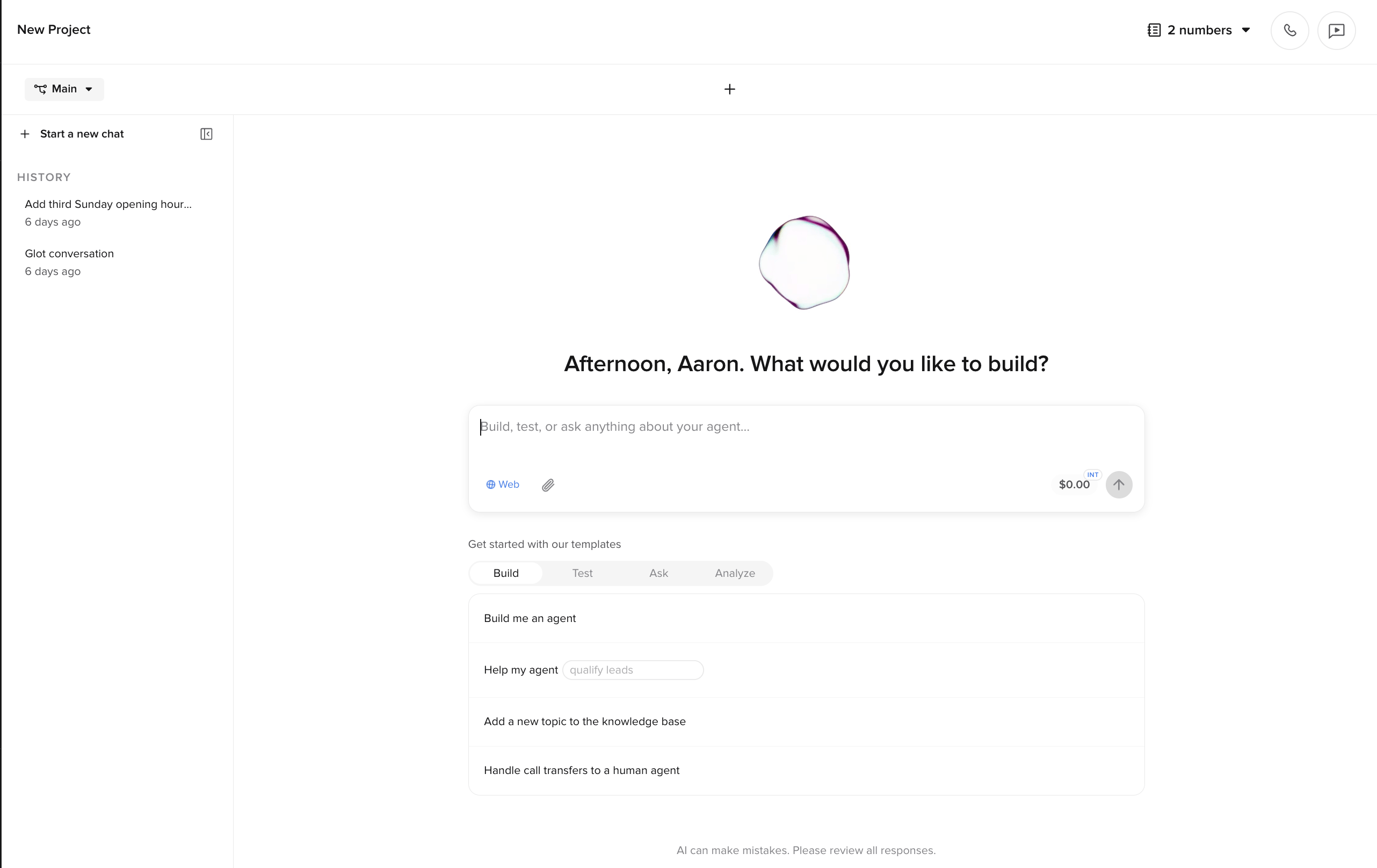 Agent Builder home screen with prompt templates and usage indicator