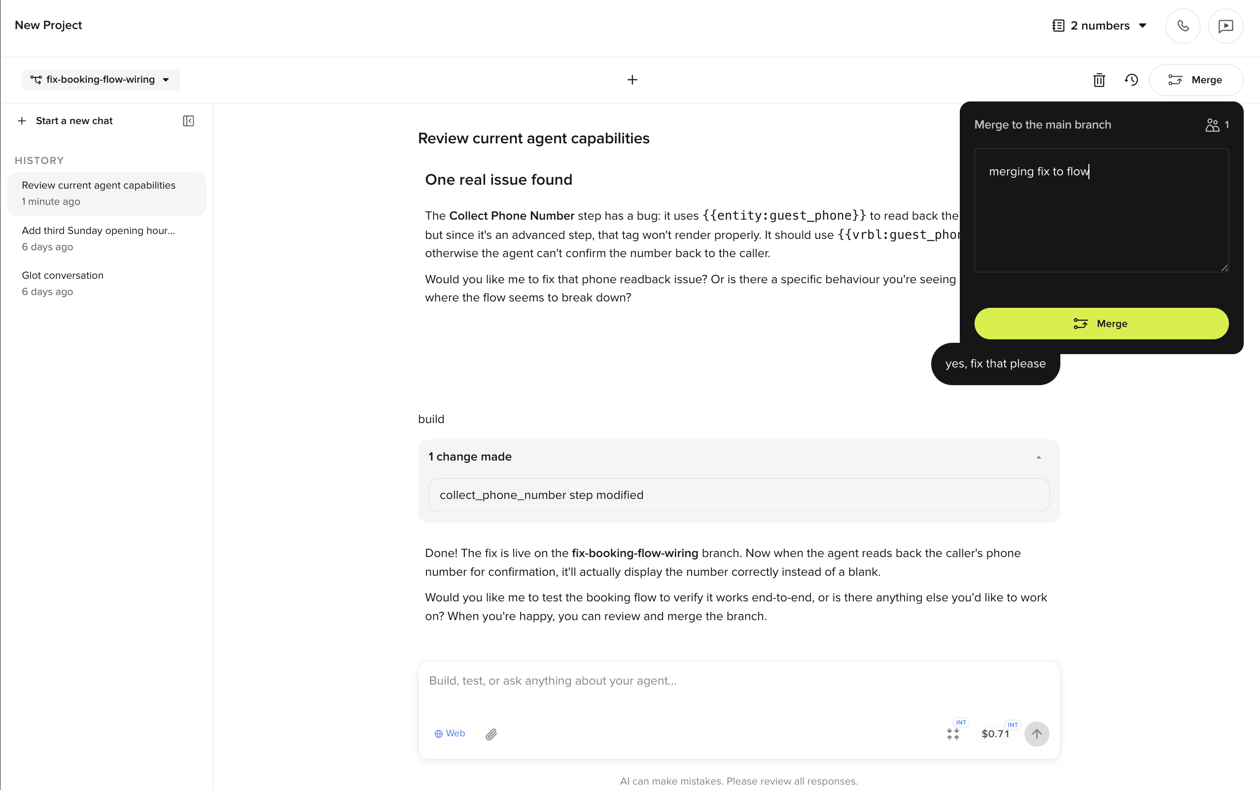 Merge to main branch dialog with an optional message