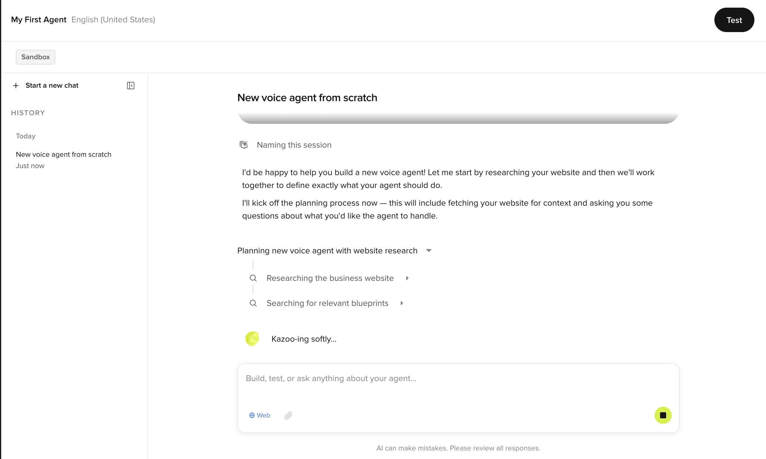 Agent Builder researching a website and planning a new voice agent