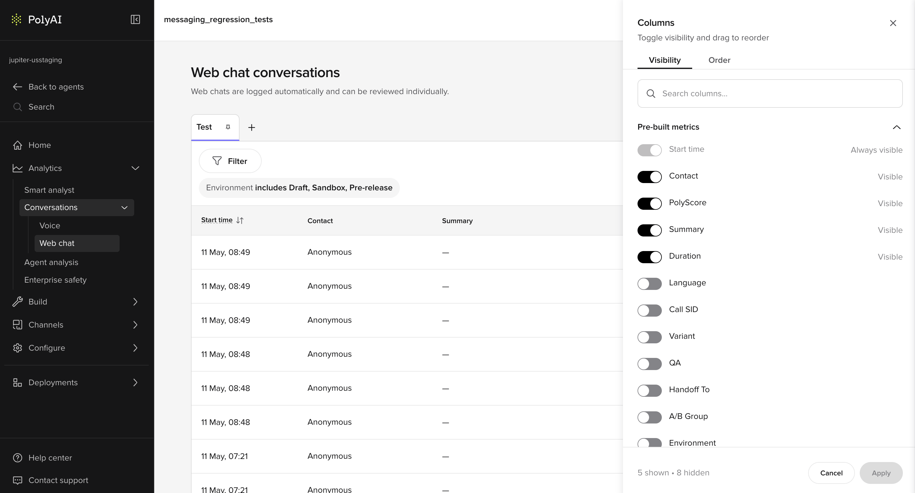 Columns panel showing the Visibility tab with toggles for pre-built metrics