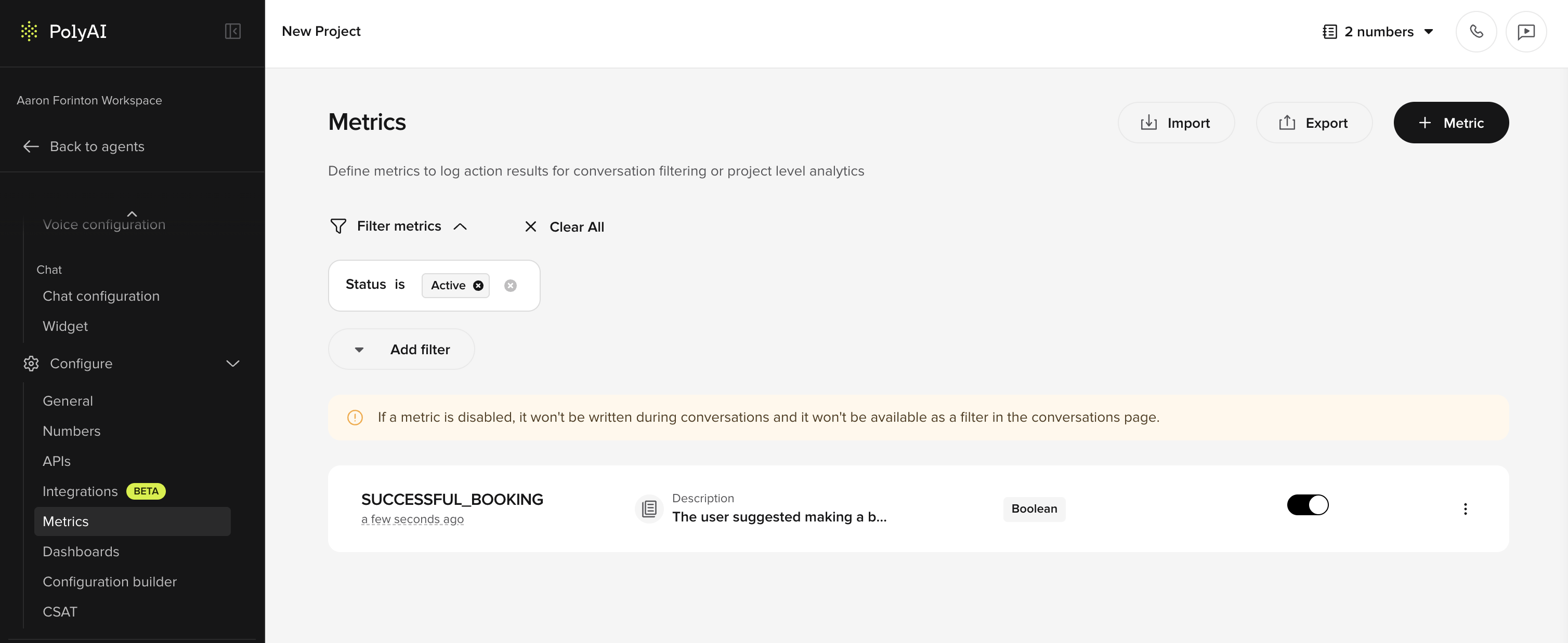 Metrics list view