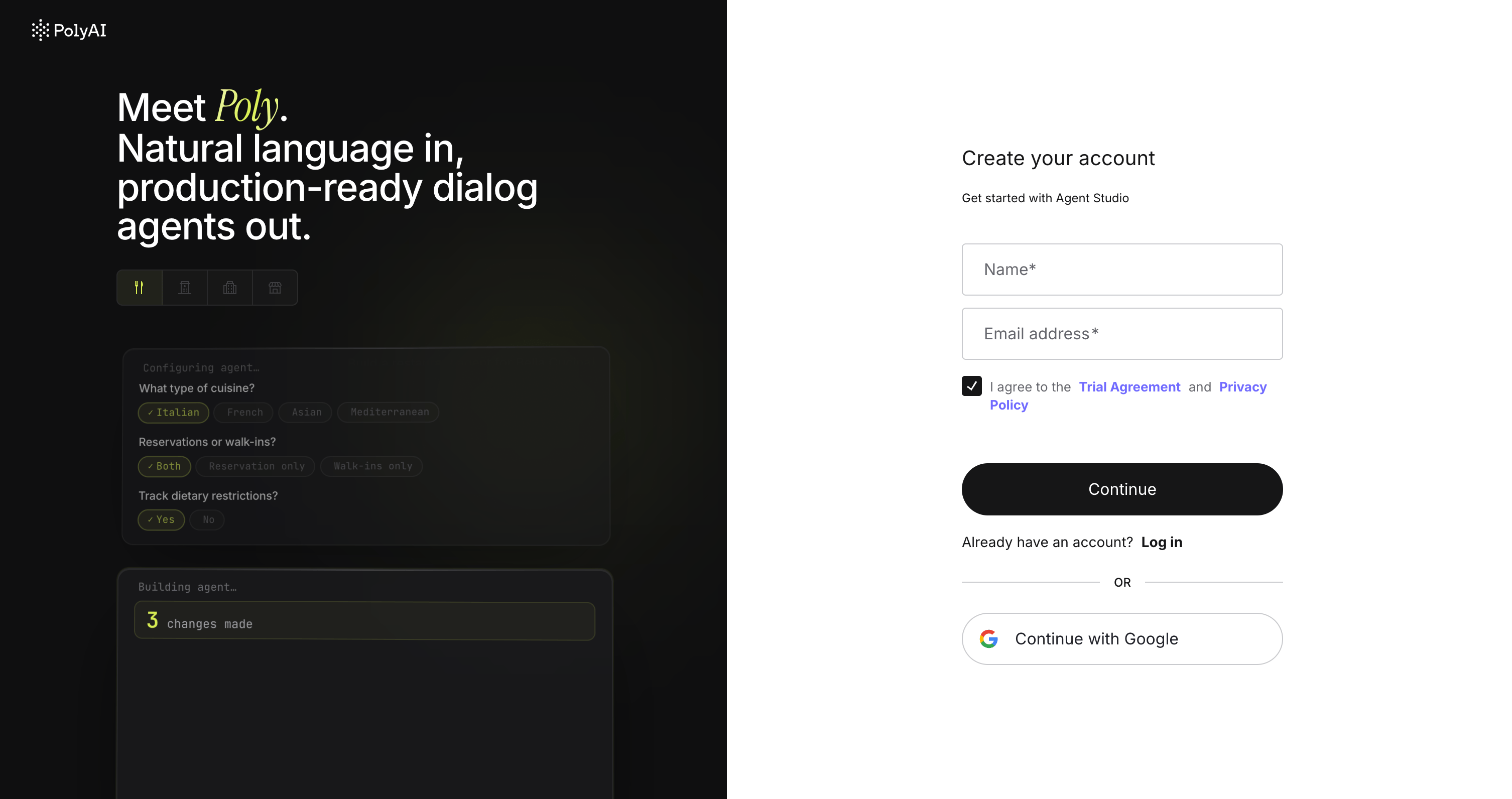 PolyAI sign-up page with email form and Google SSO option