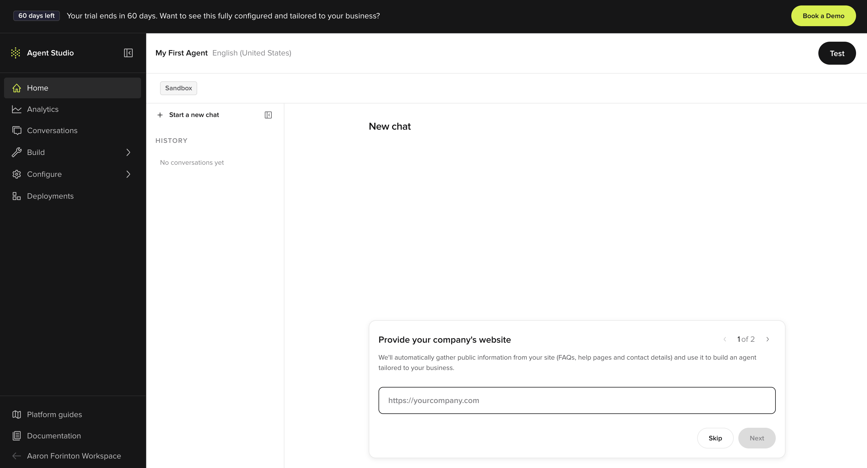 Agent Studio onboarding screen asking for your company website URL