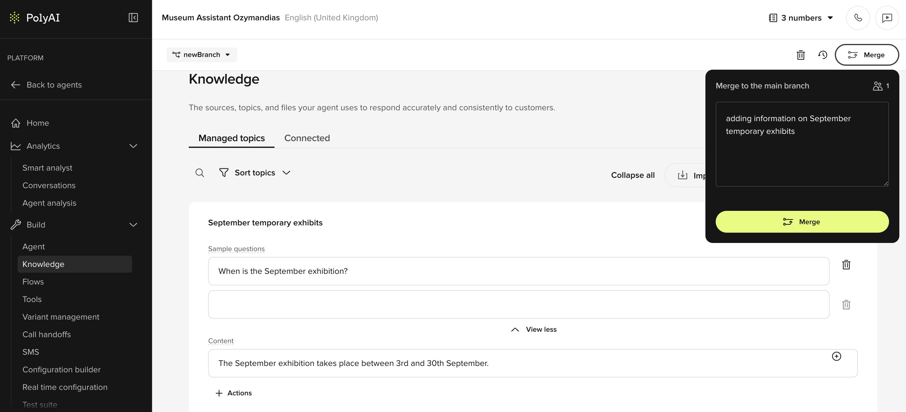 Adding a knowledge base topic in Agent Studio