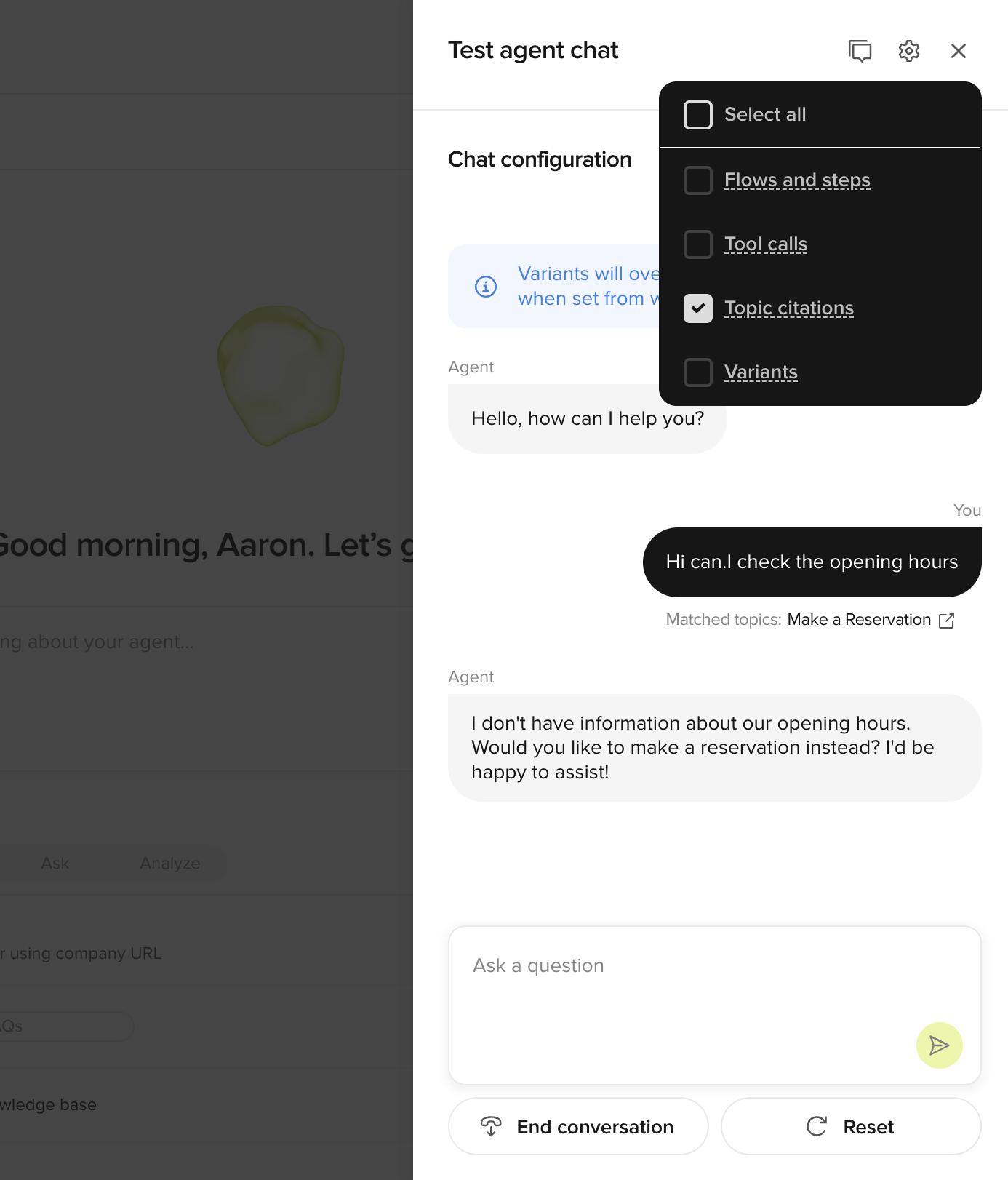 Test agent chat side panel showing matched topics and agent response