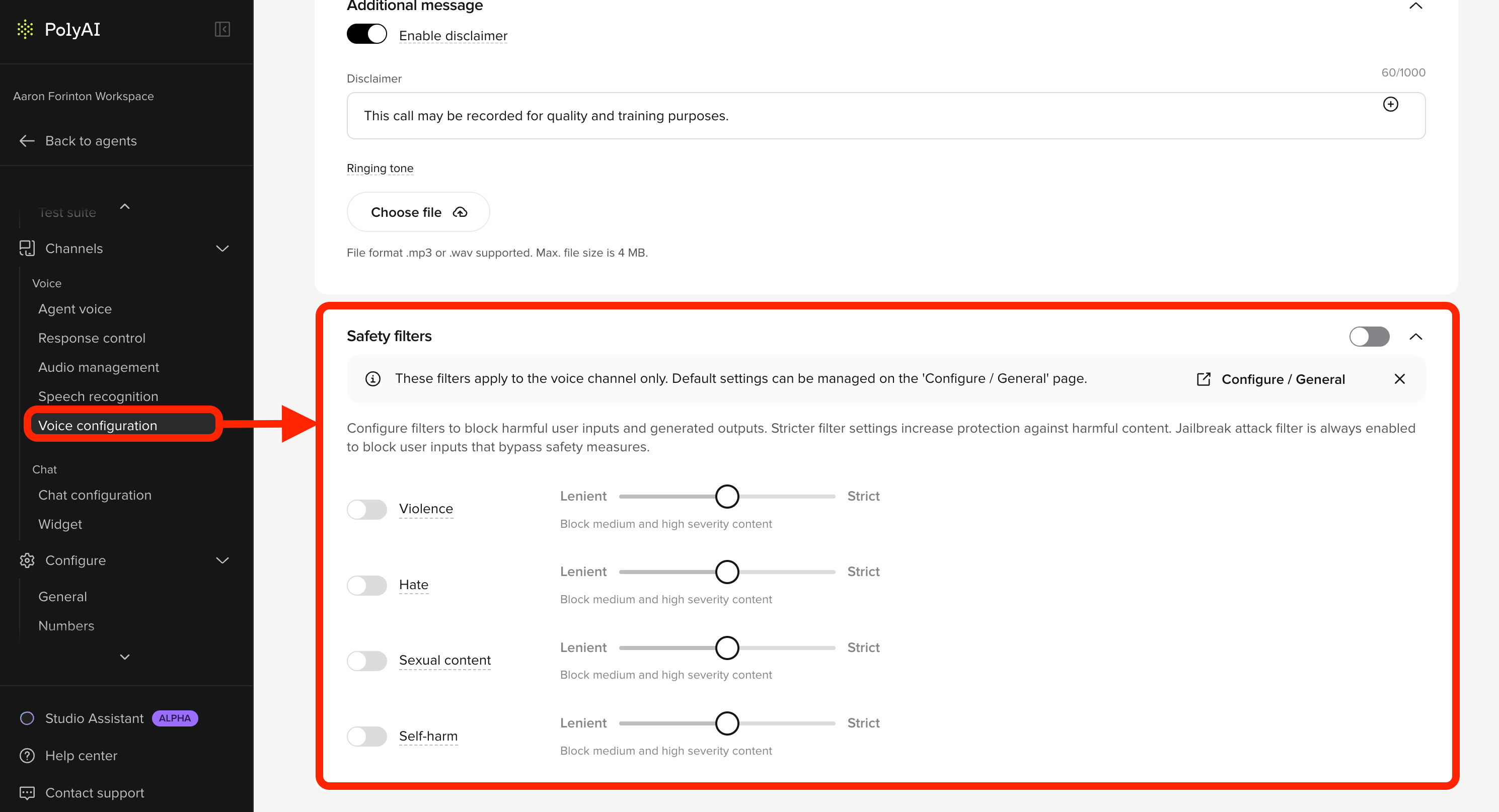Safety filter settings for the voice channel