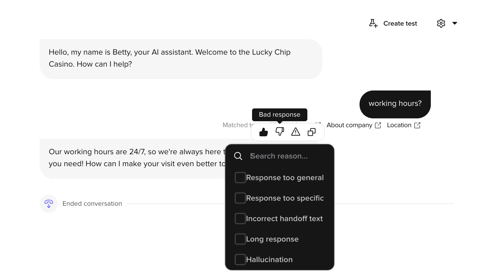 Conversation Review agent turn showing the four-icon feedback toolbar, the Bad response tooltip, and the reason picker open with Response too general, Response too specific, Incorrect handoff text, Long response, and Hallucination