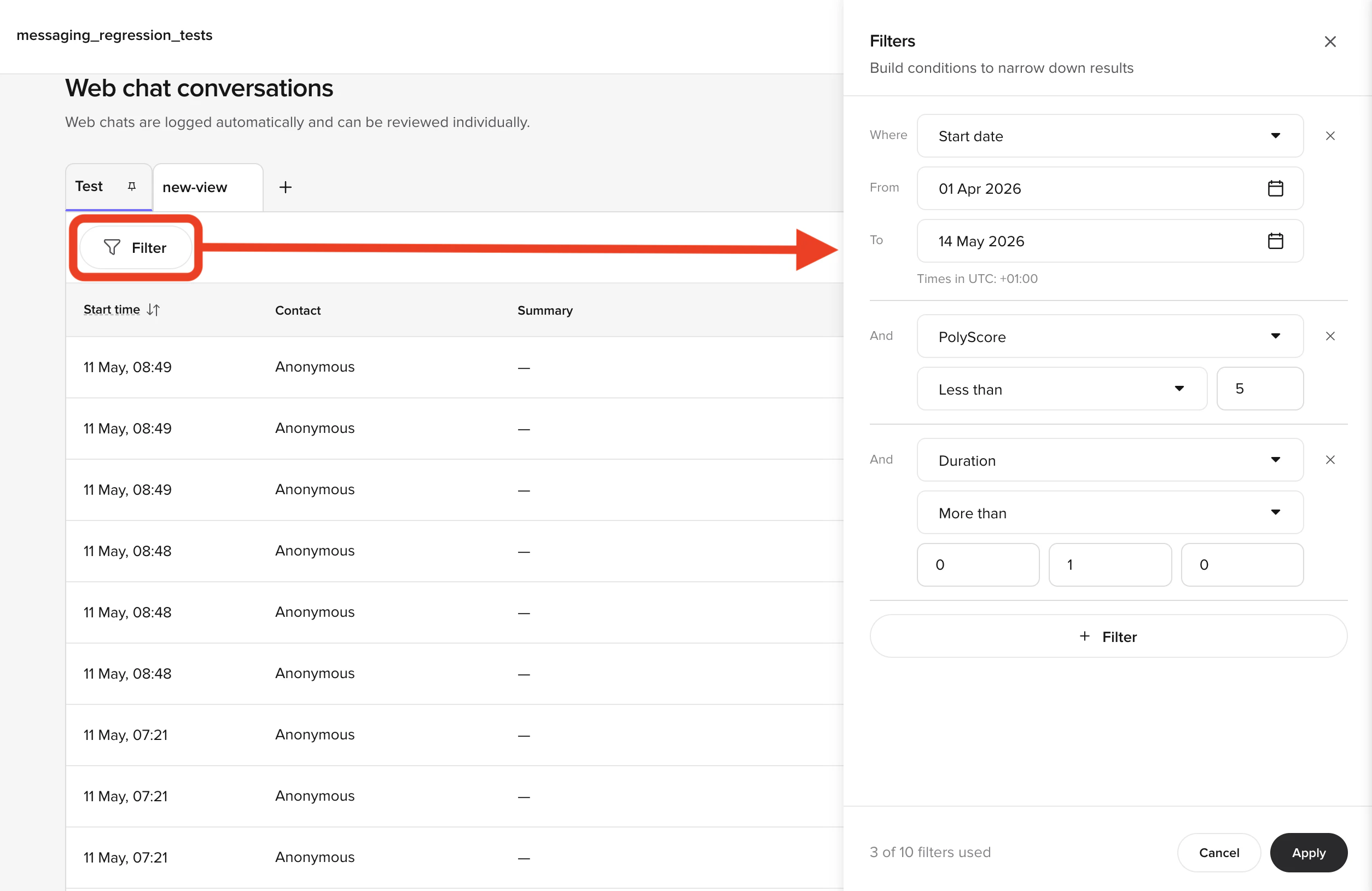 Filters panel open with Start date, PolyScore, and Duration conditions applied