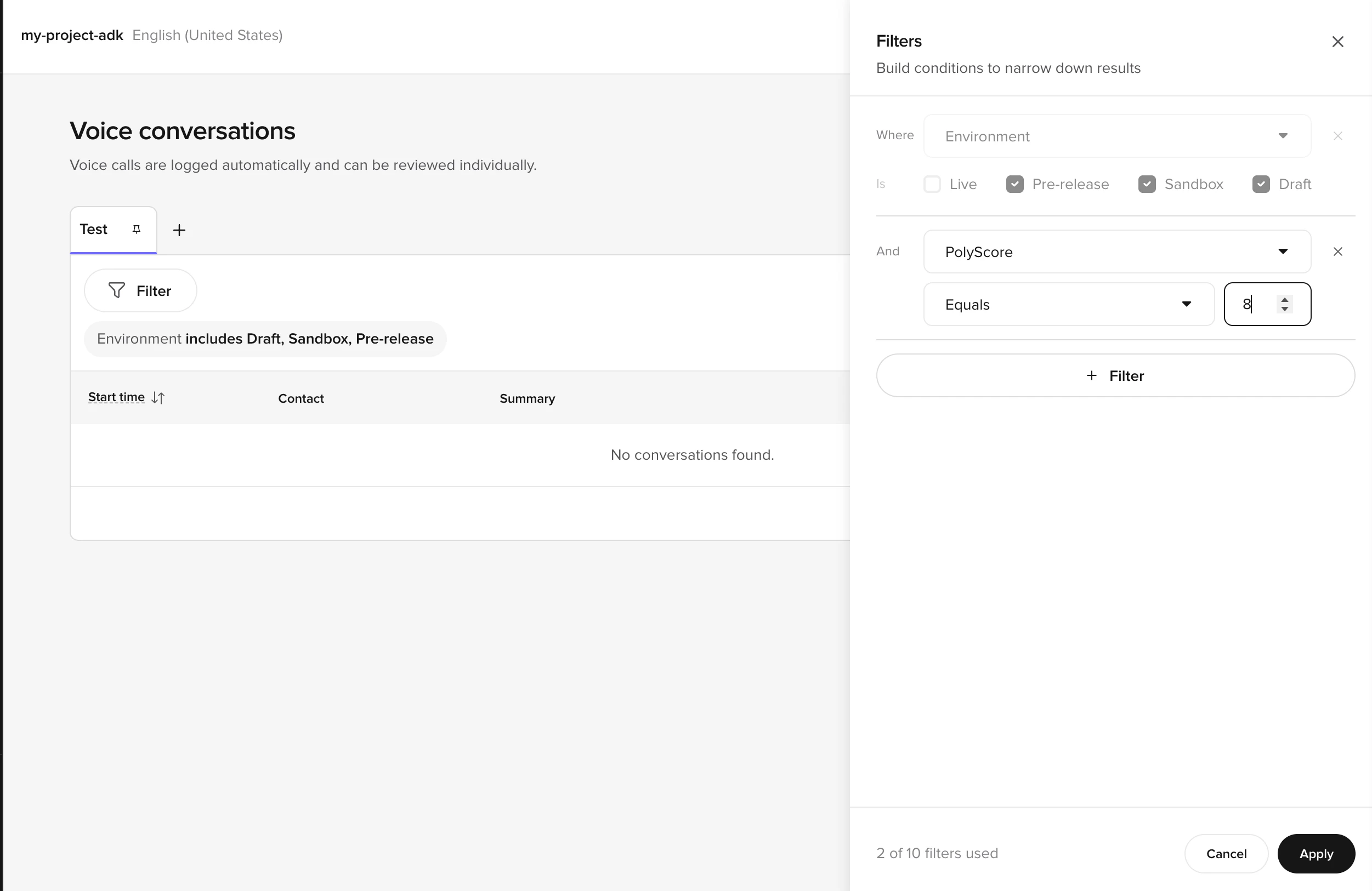 Voice conversations page with an environment filter chip, a Filters side panel for building further conditions, and a Start time / Contact / Summary table
