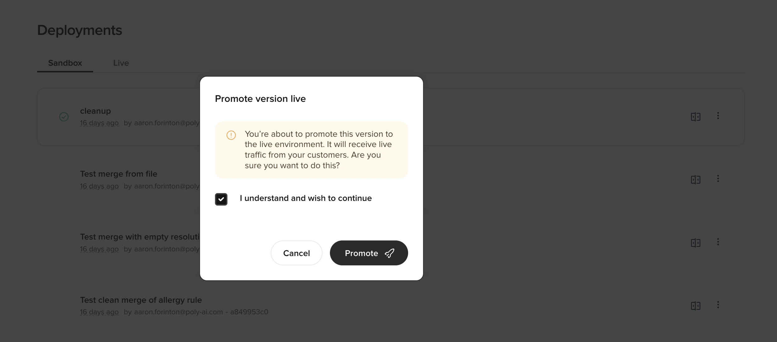 Promote version live confirmation modal warning that the version will receive live customer traffic, with an 'I understand and wish to continue' checkbox and a Promote button