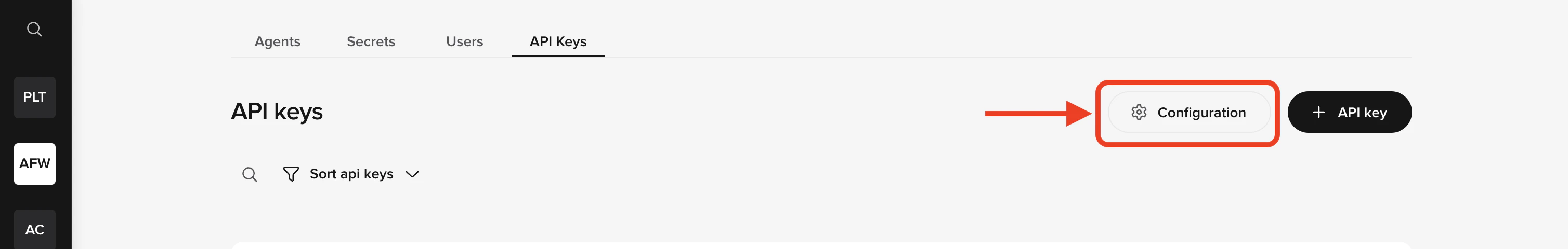 Configuration button on the API Keys page
