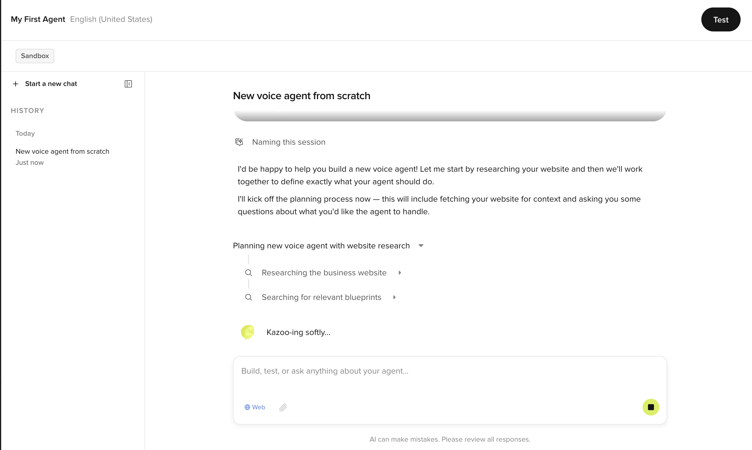 Agent Builder researching a website and planning a new voice agent