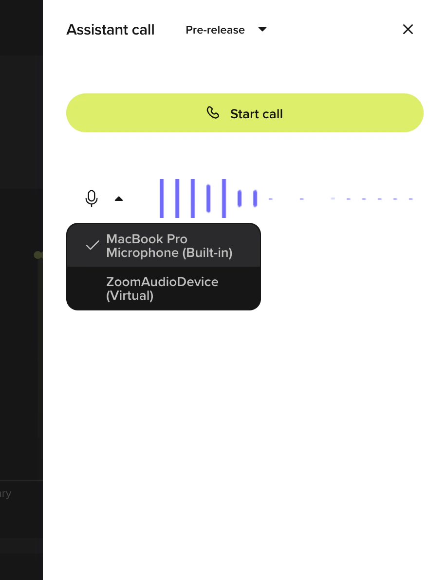 In-browser call test panel