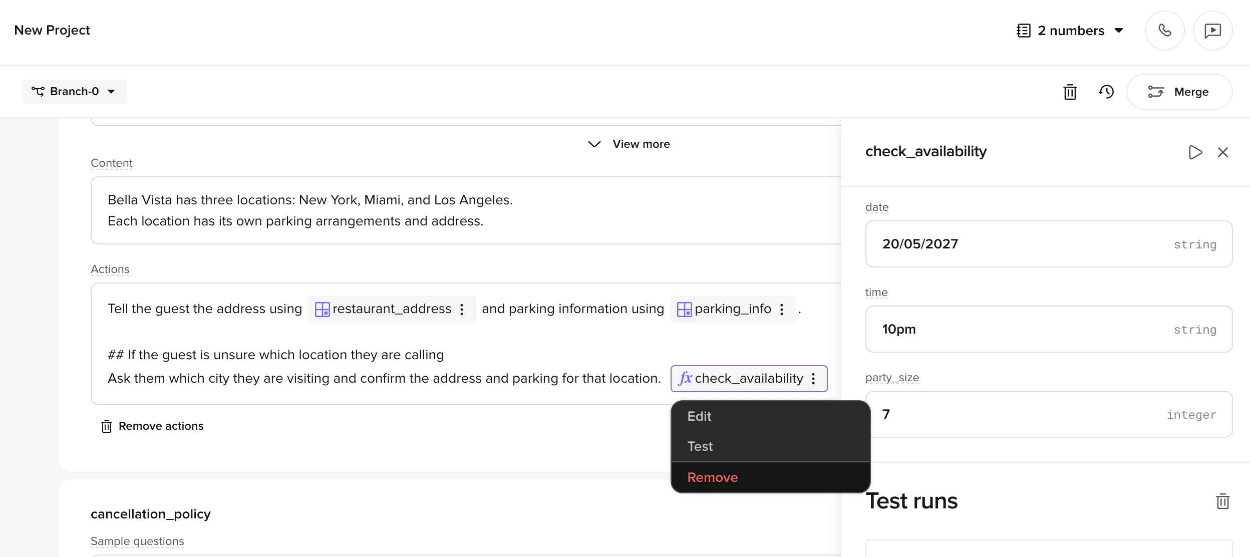 Testing a tool call with the test panel