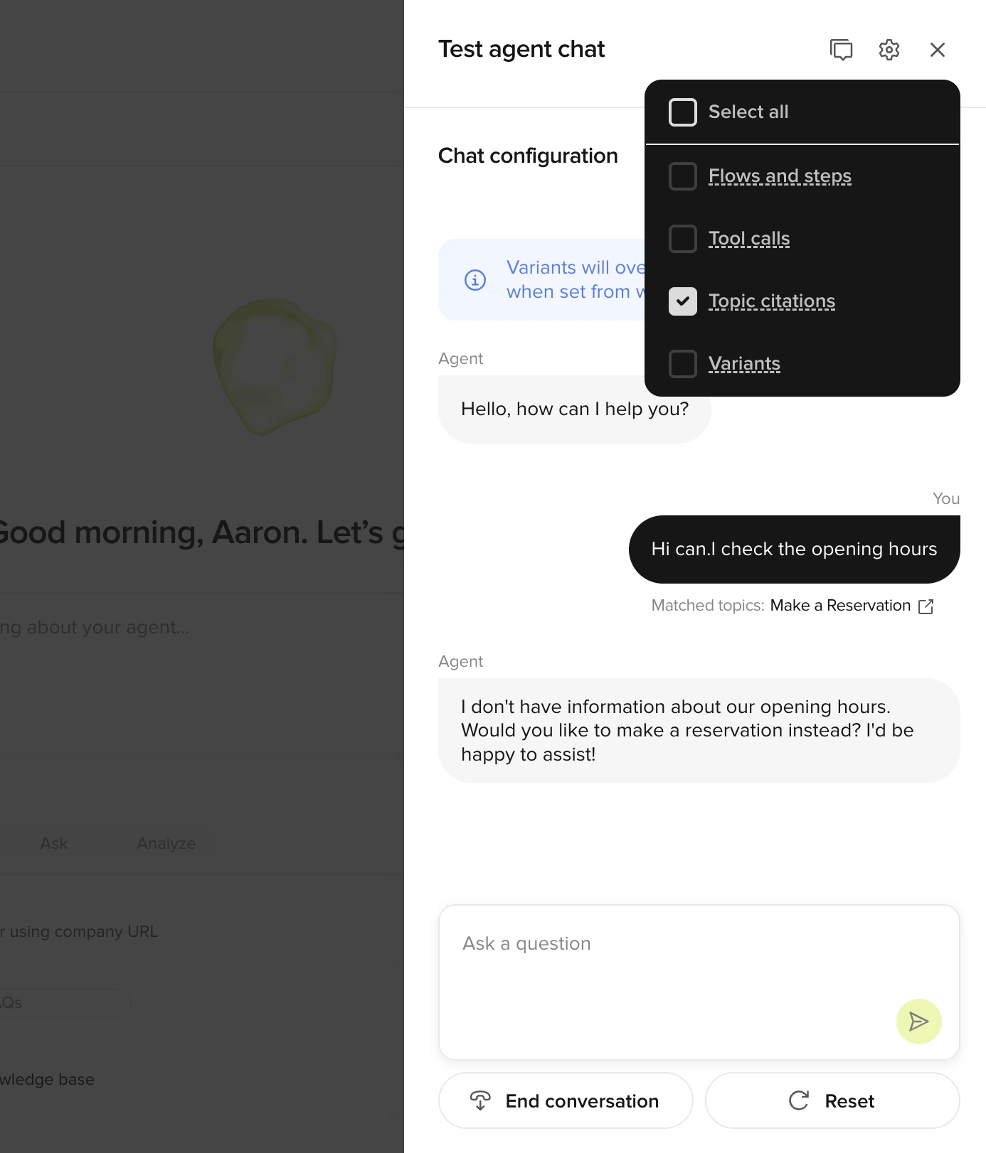 Test agent chat side panel showing matched topics and agent response