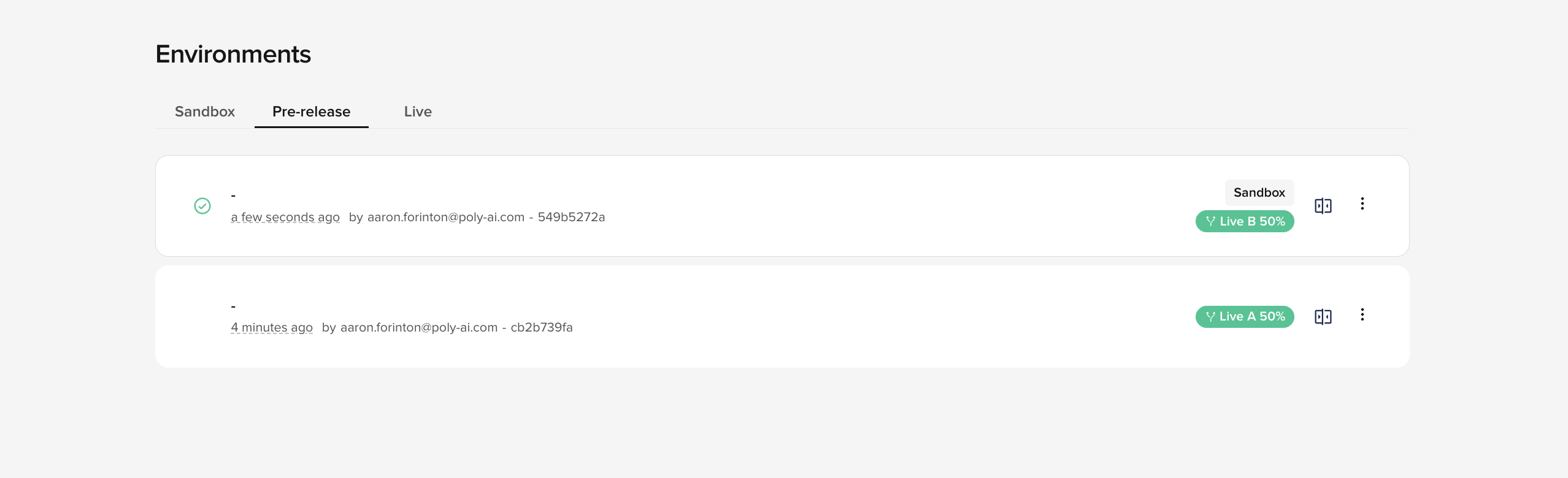 A/B test running on the Pre-release tab with both versions tagged Live A 50% and Live B 50%