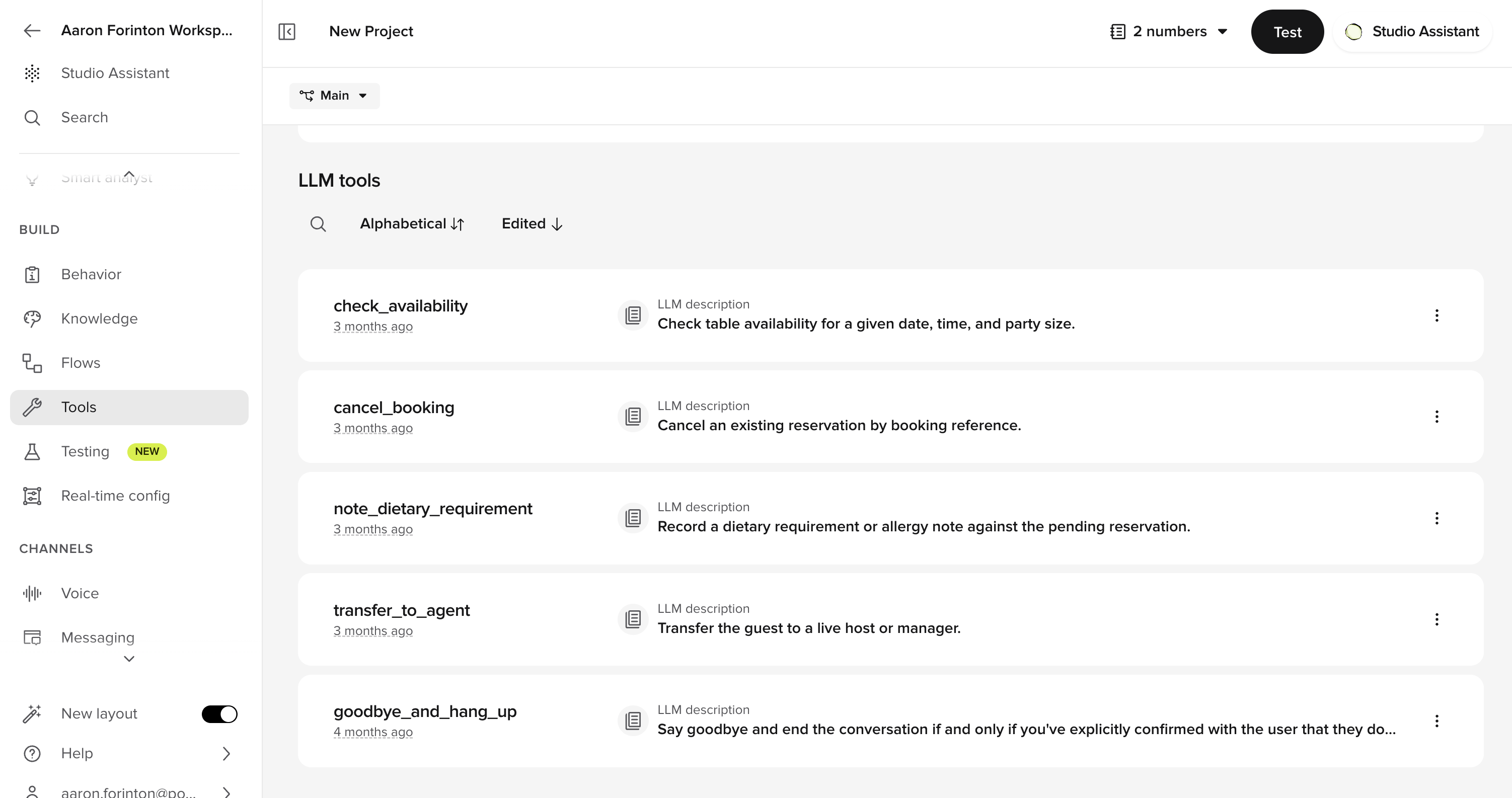 Global functions listed in the functions tab with profile details