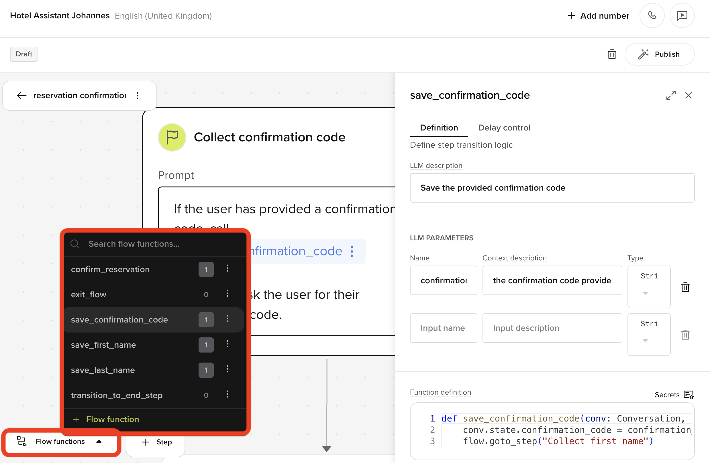 Flow functions modal showing a list of transition functions for the current flow