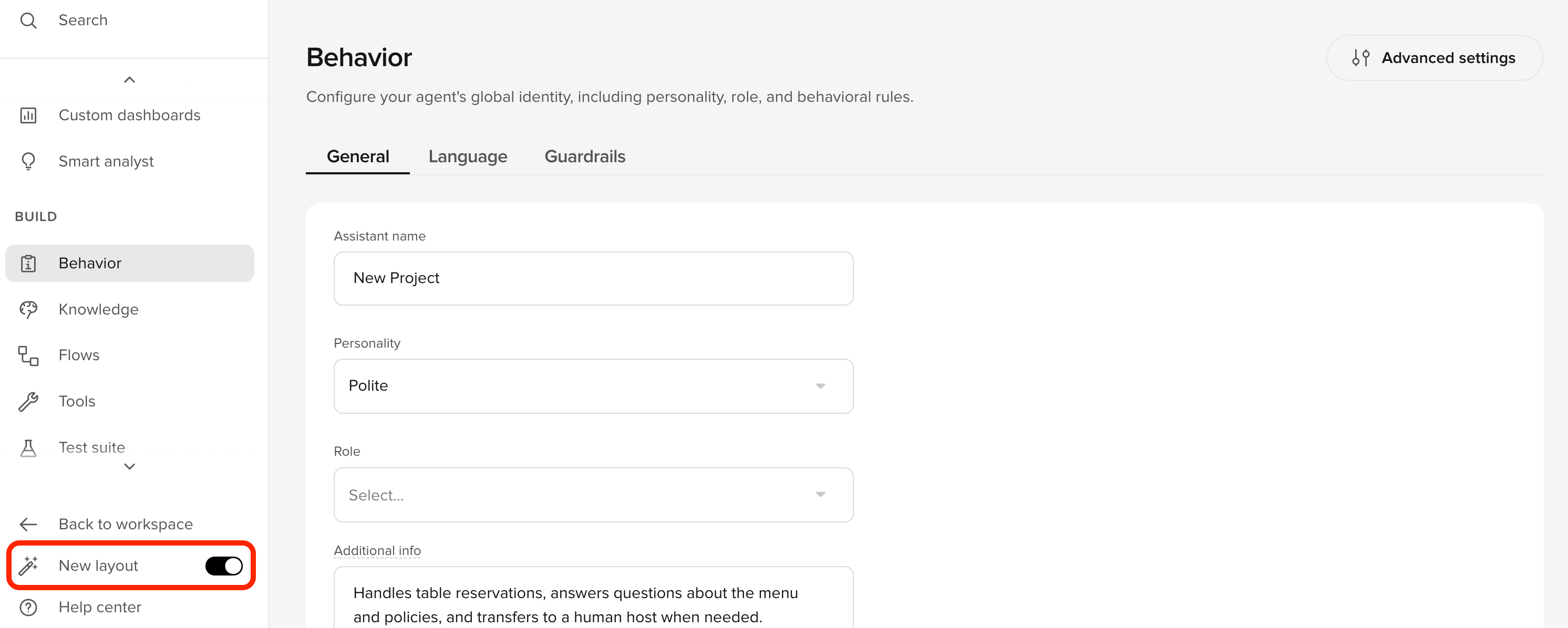 New layout toggle in the sidebar footer