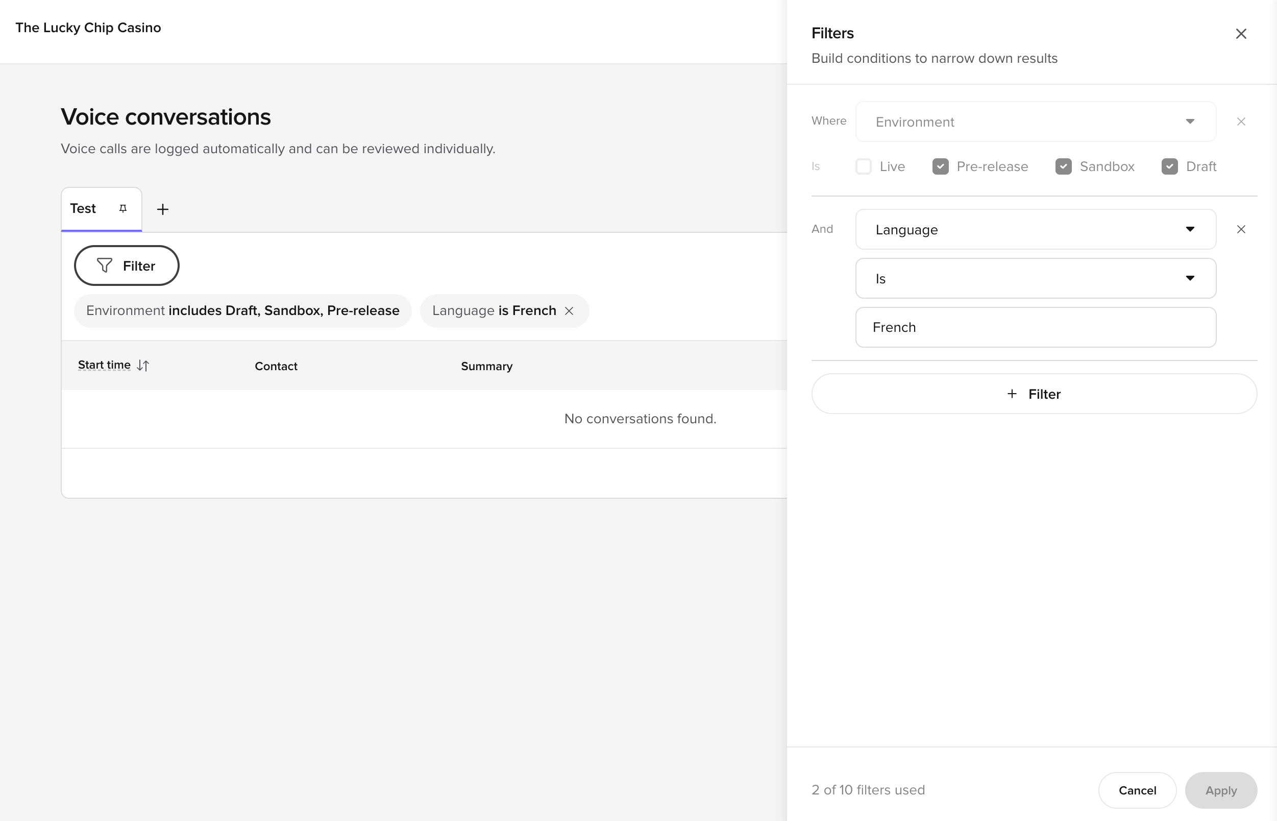 Filter builder side panel showing an Environment condition combined with a Language is French condition