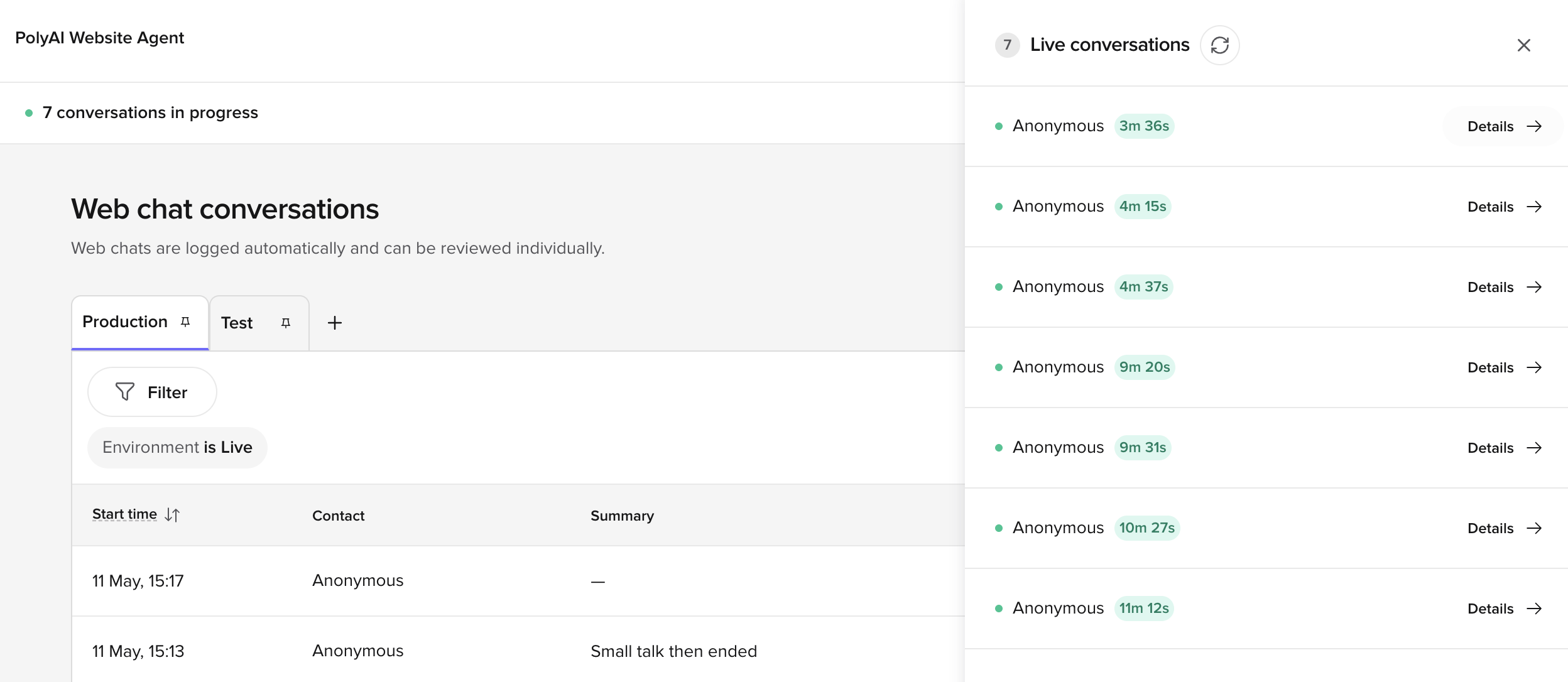 Web chat conversations page with the Live conversations side panel open, listing seven in-progress conversations with their durations and Details buttons