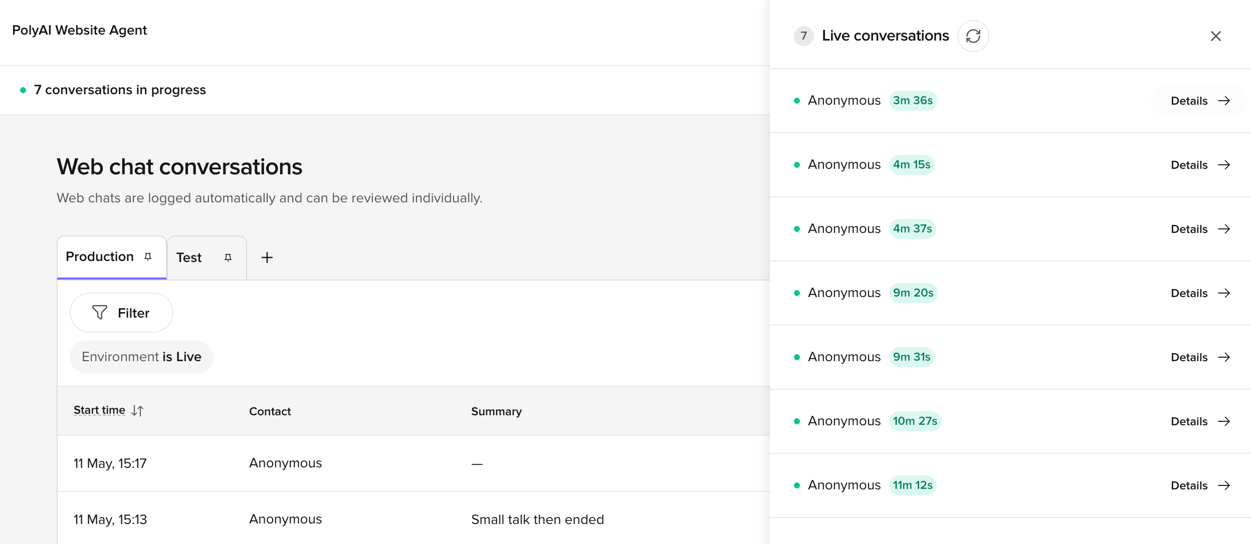 Web chat conversations page with the Live conversations side panel open, listing seven in-progress conversations with their durations and Details buttons