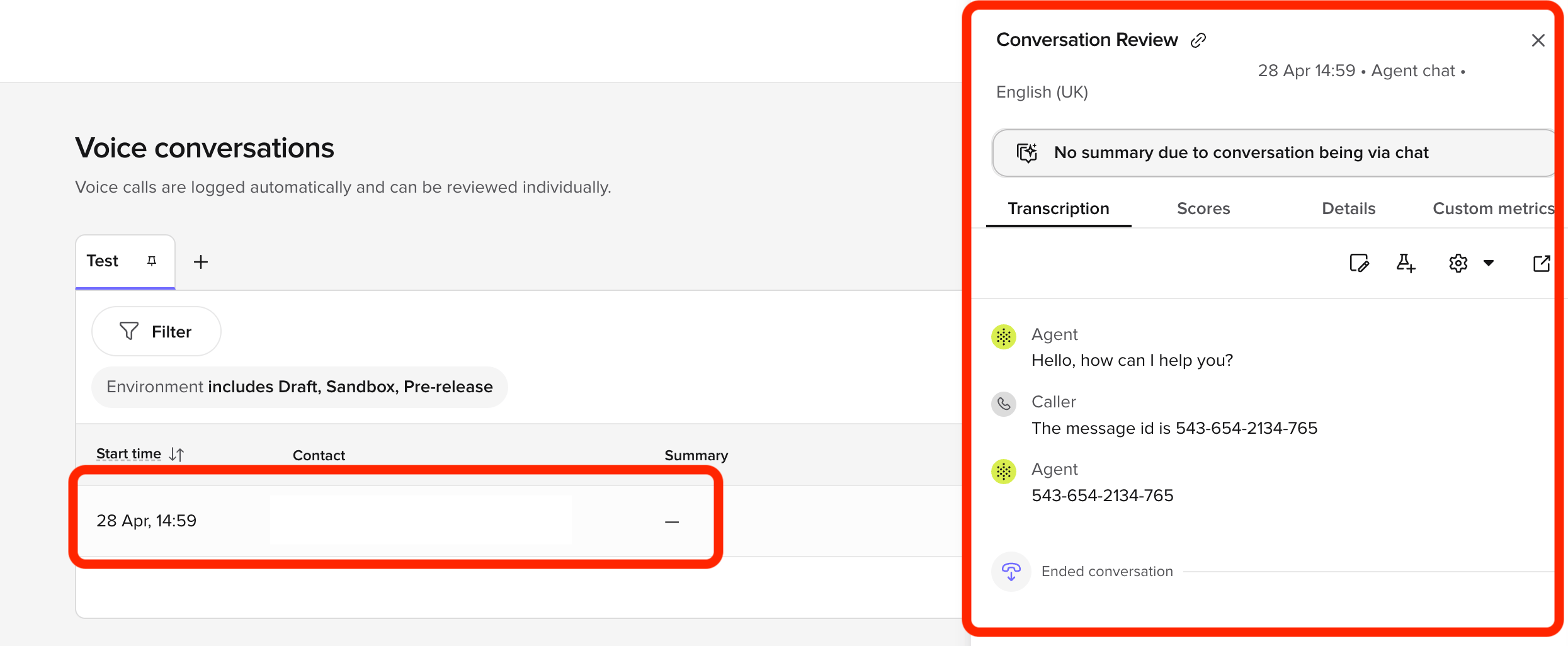 Conversation Review side panel showing the Transcription tab, four toolbar tabs, and a conversation transcript