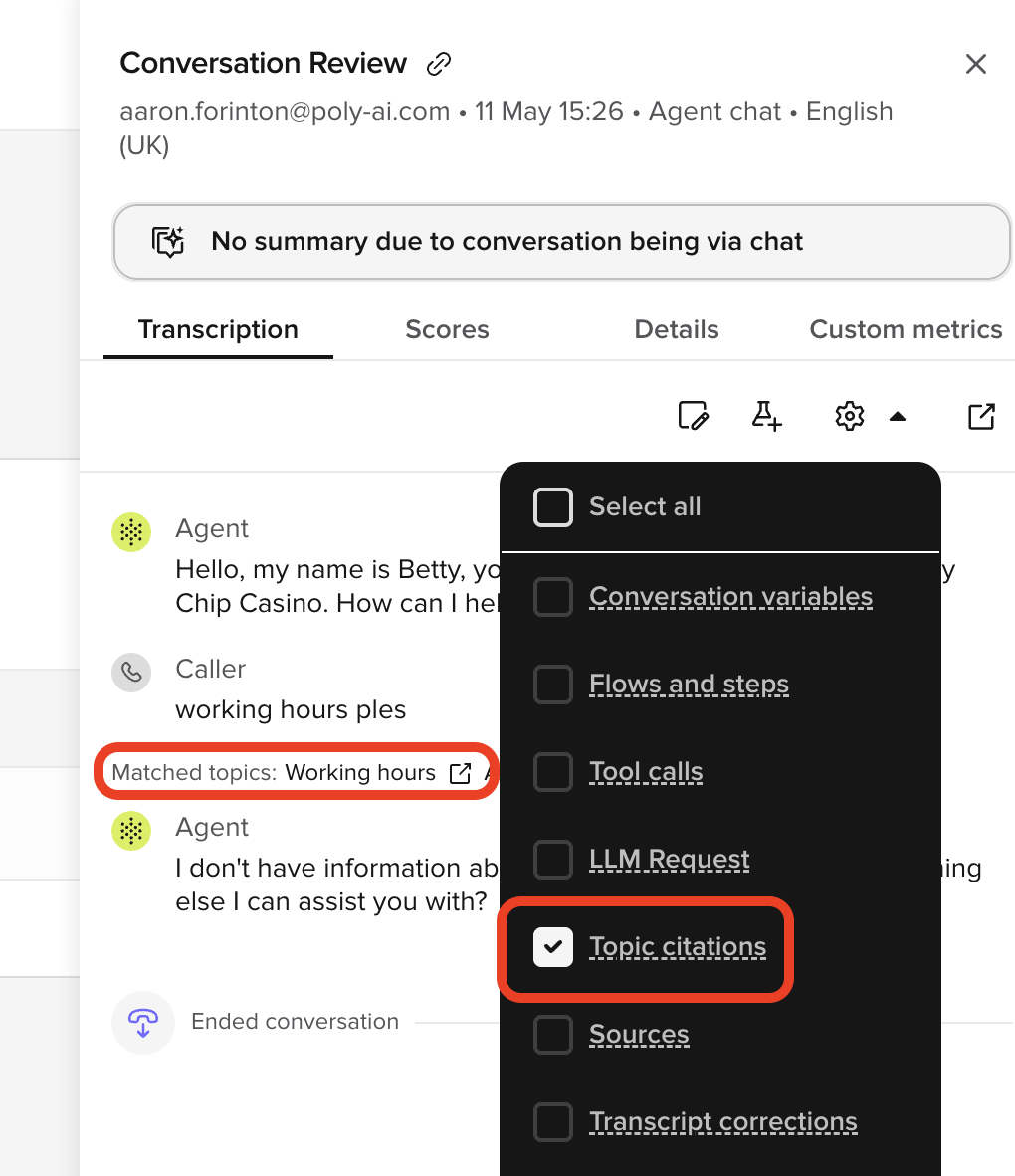 Conversation Review side panel with Topic citations enabled, showing the Matched topics label under a caller turn
