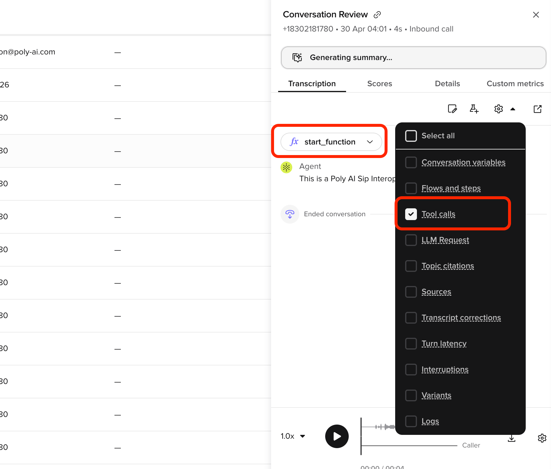 Conversation Review side panel with the Diagnosis toggle group open and Tool calls enabled, showing a start_function call inline with the transcript