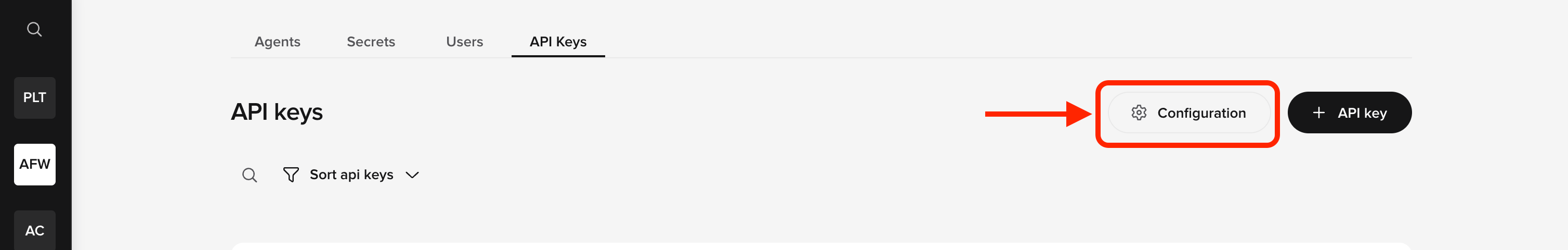 API Keys page with Configuration button
