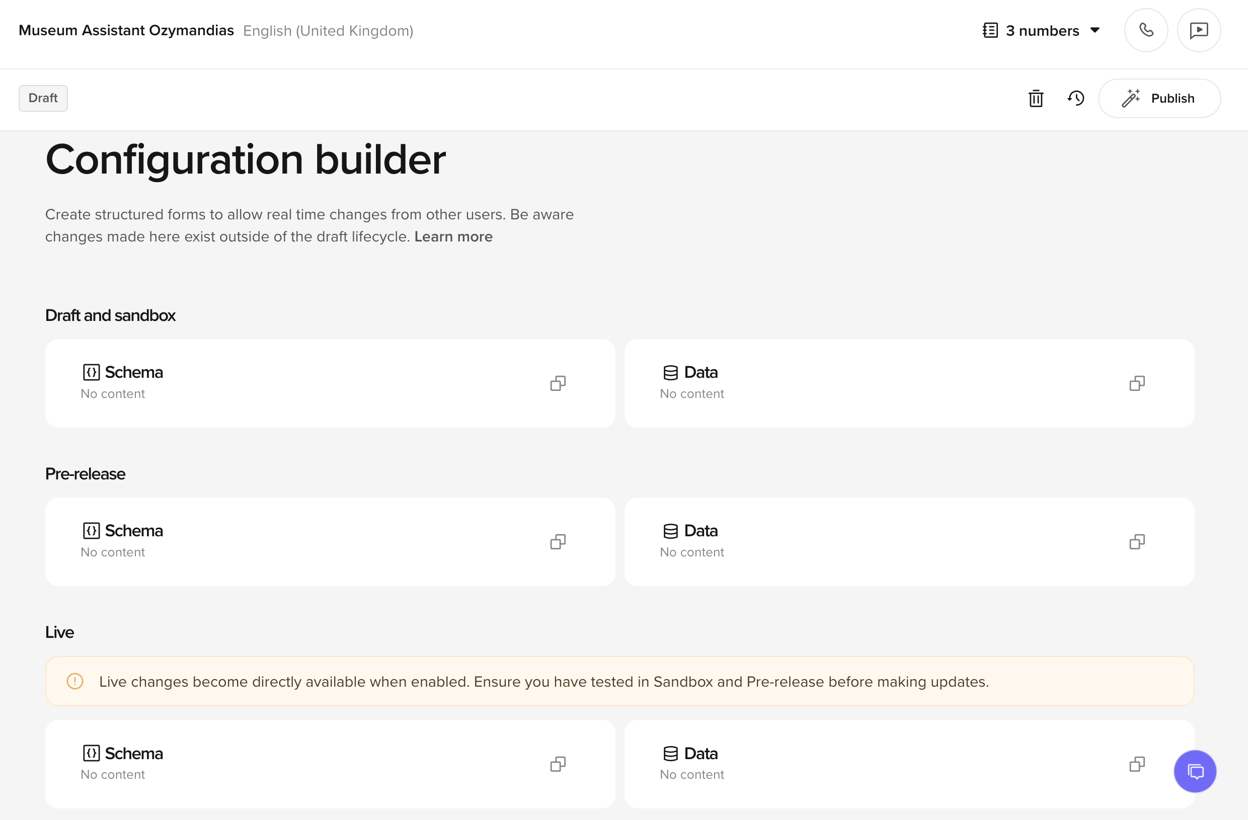 Configuration builder UI with schema/data tabs