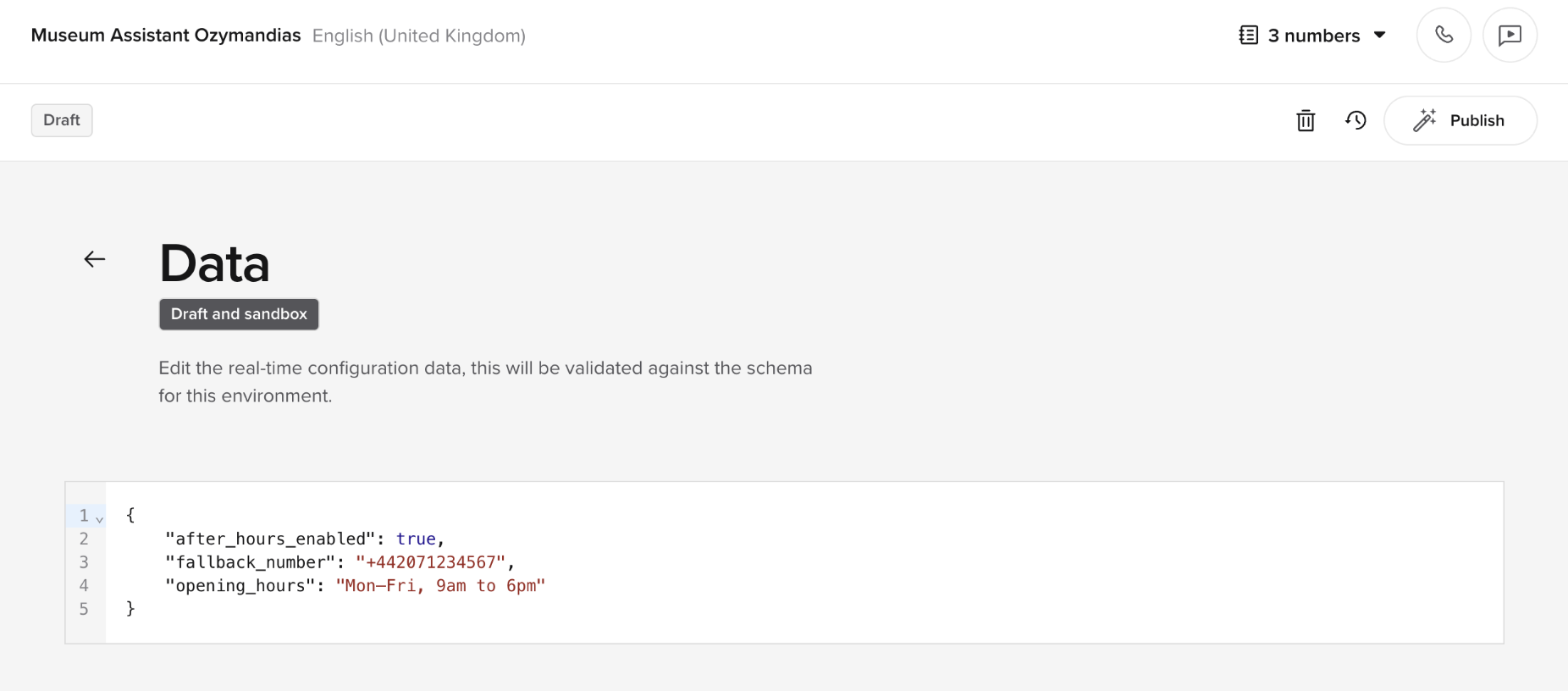 Live config UI showing example values