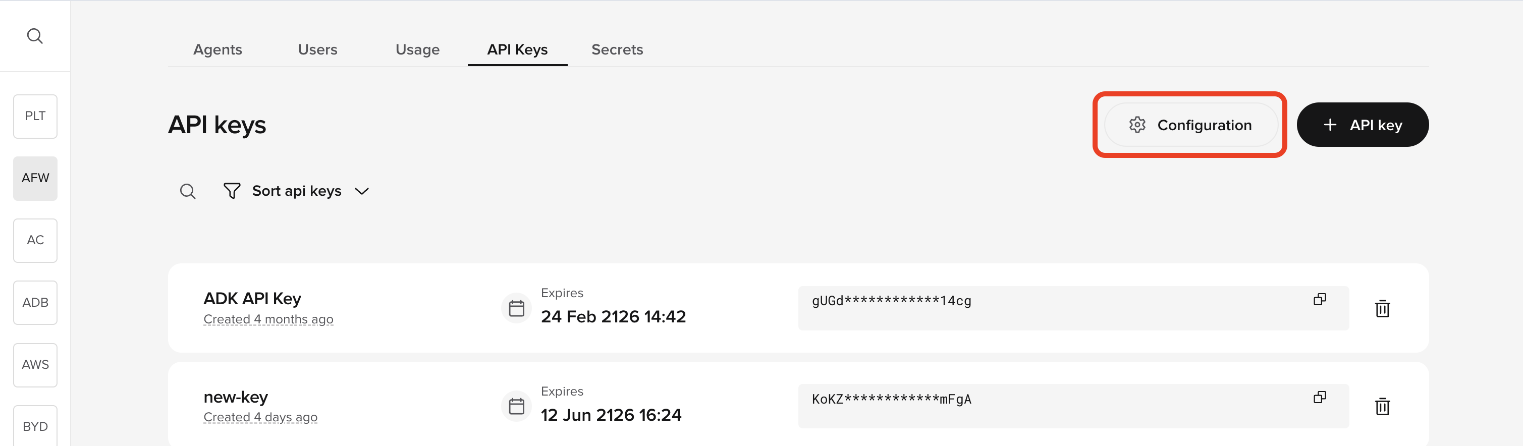 Configuration button on the API Keys page