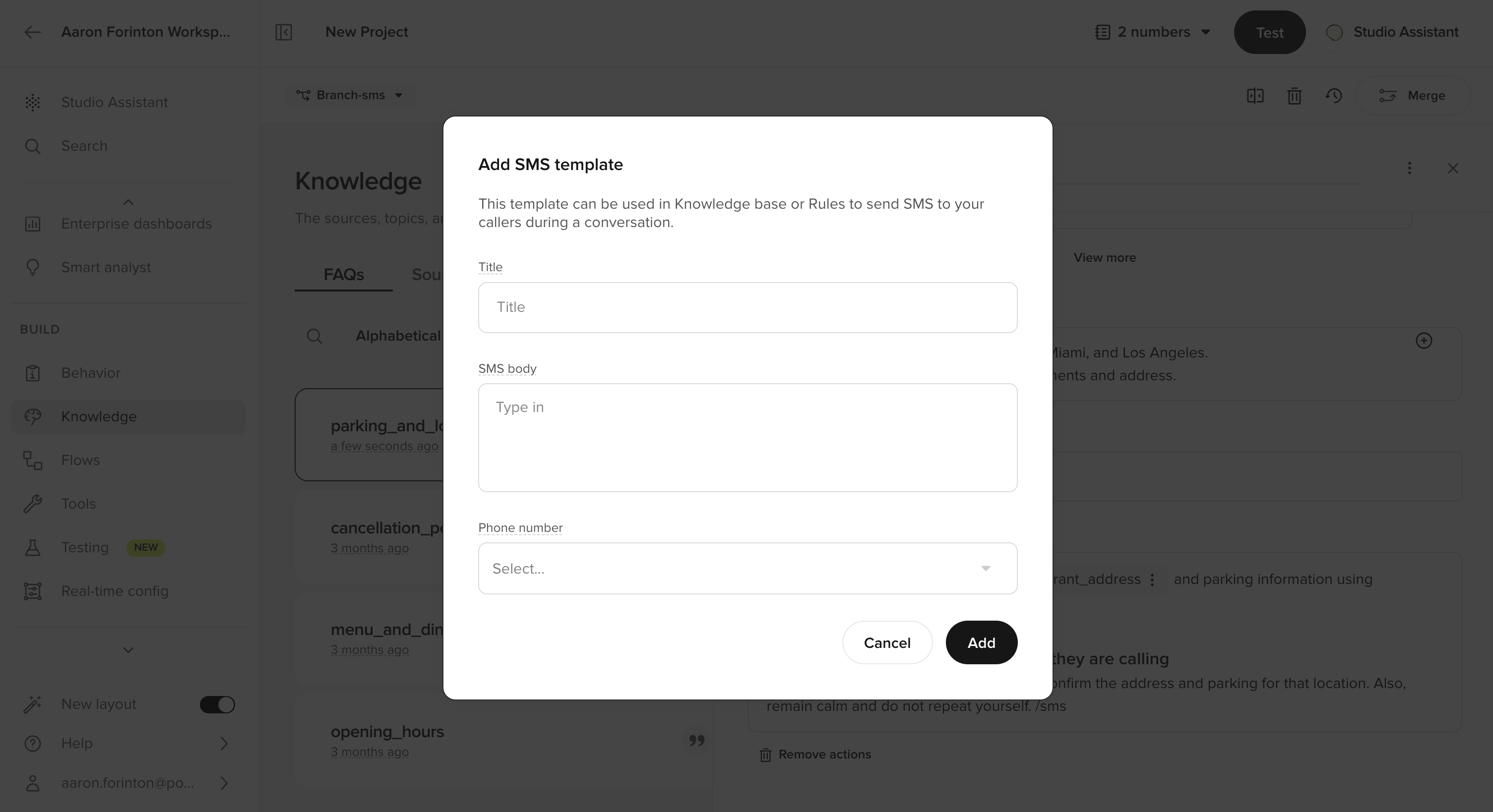 Add SMS template dialog