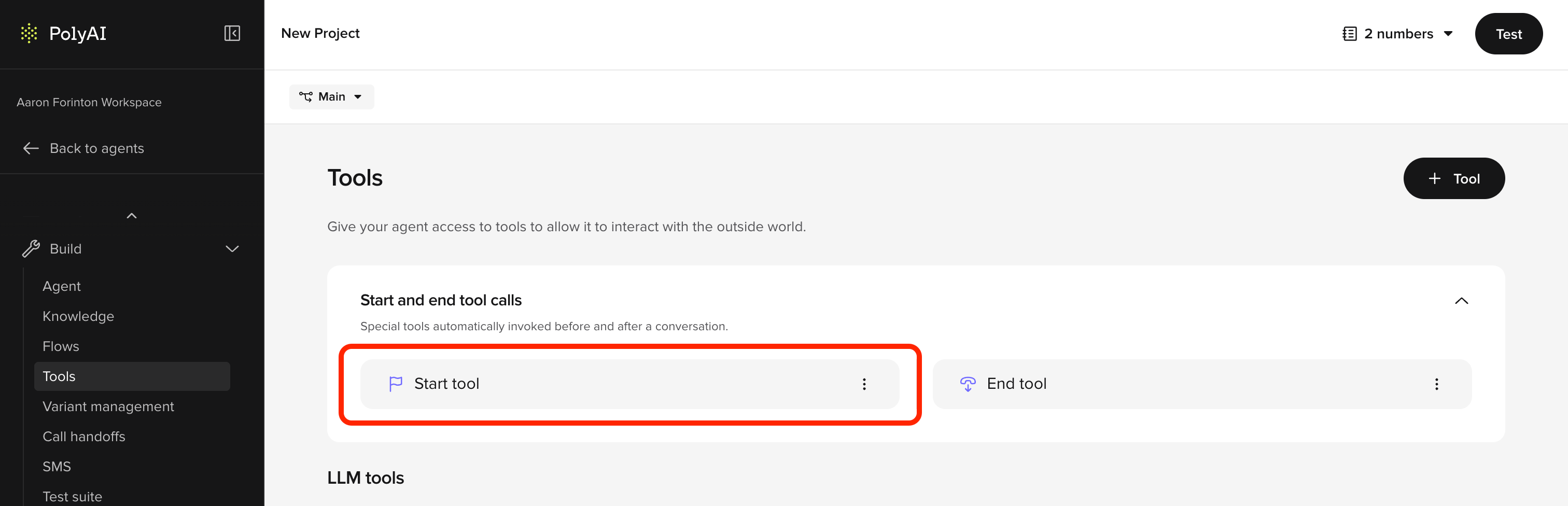 Start tool card highlighted in the Start and end tool calls section
