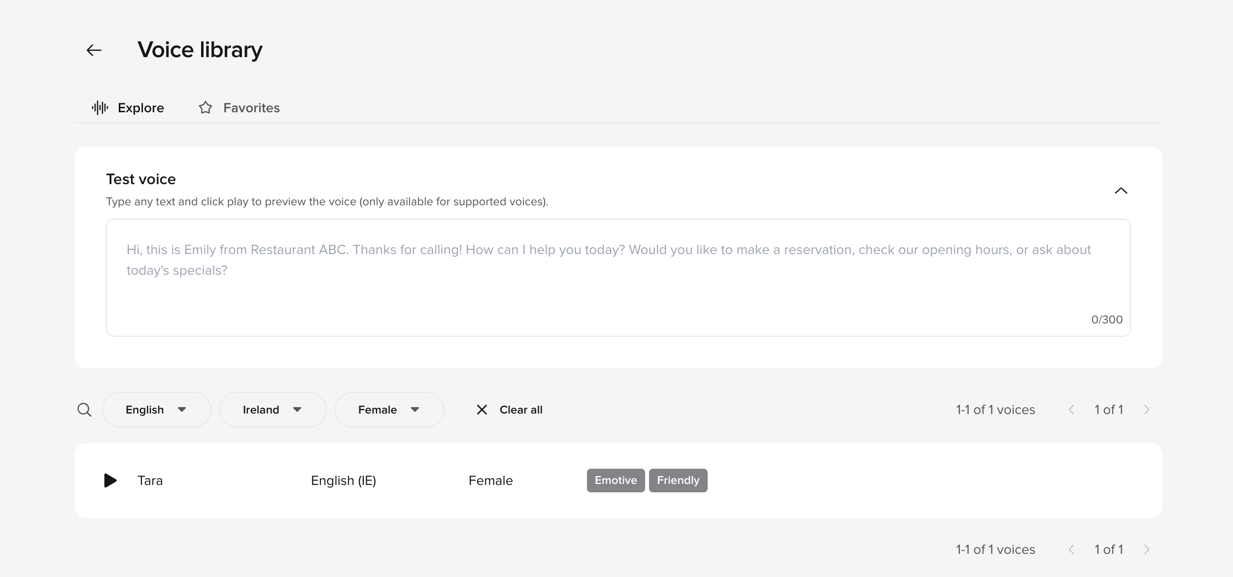 Voice library with the Test voice preview field, language, region, and gender filters, and a voice card showing Tara (English IE, Female) tagged Emotive and Friendly