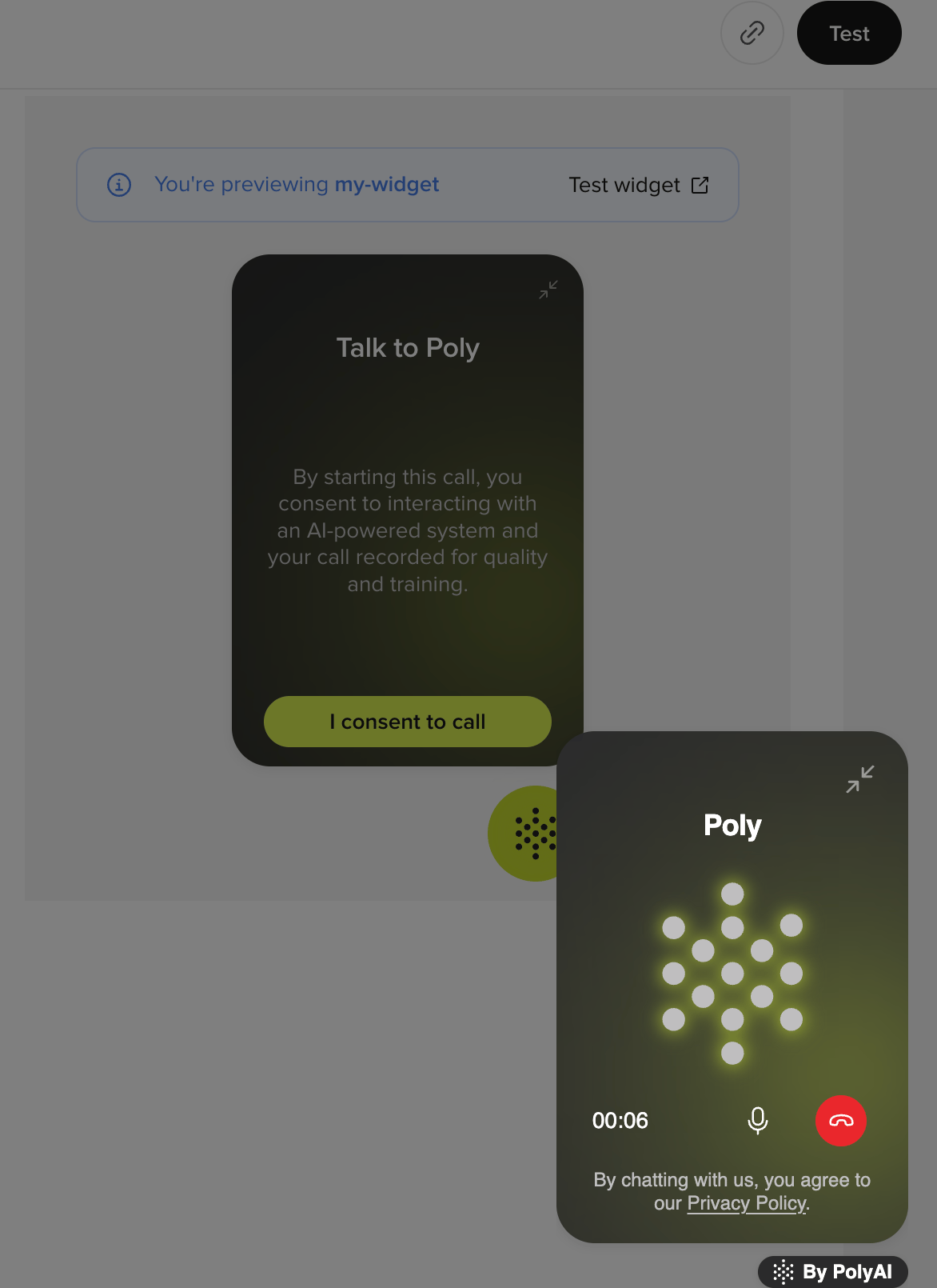 Web Calling widget showing the consent screen and an active call side by side