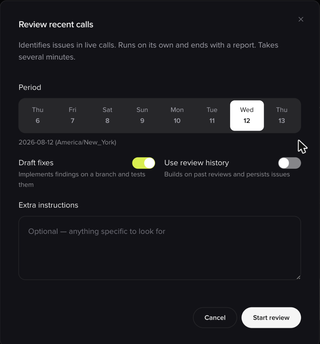 Review recent calls dialog with period picker, Draft fixes and Use review history toggles, and an extra instructions field