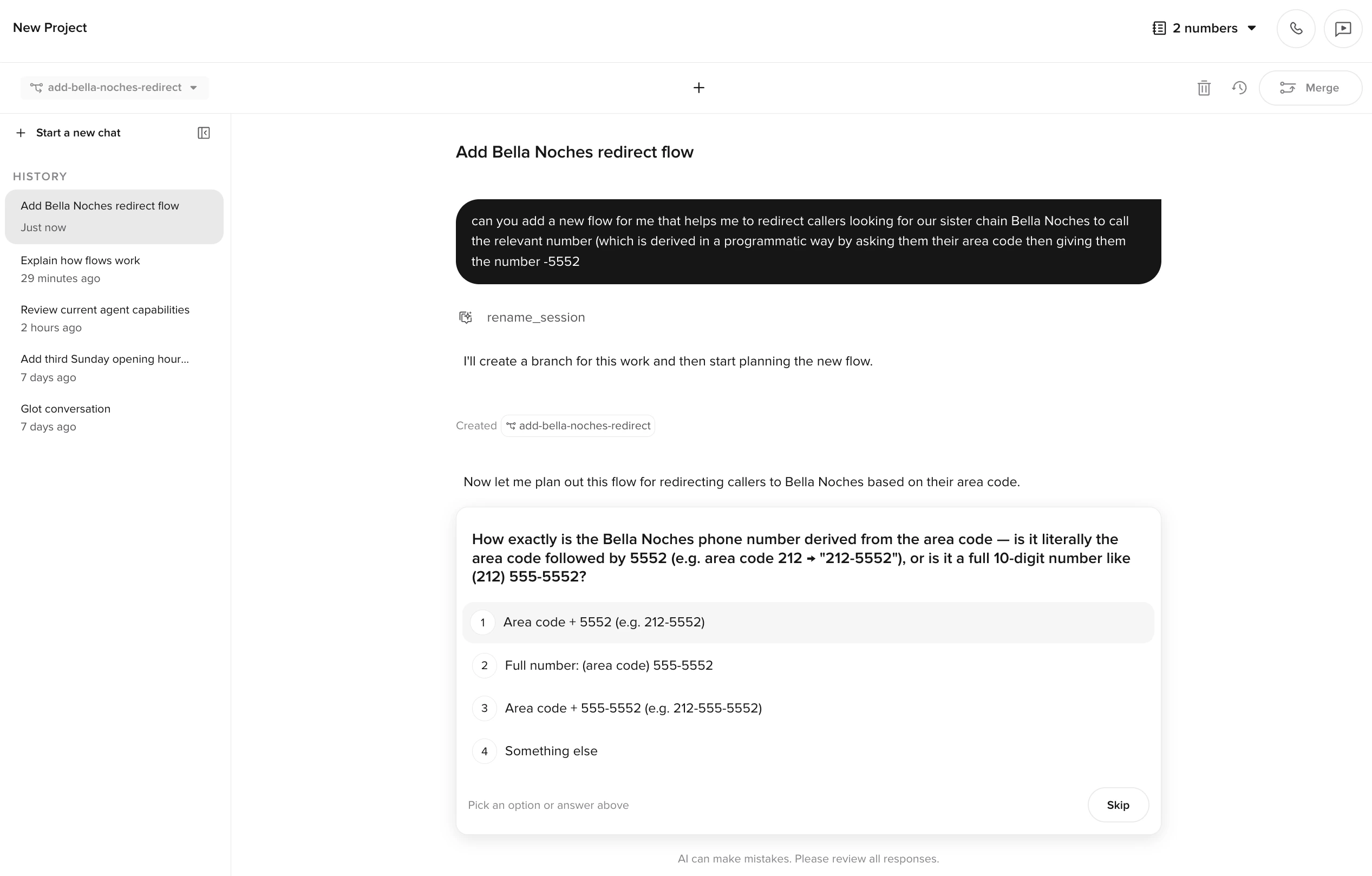 Agent Builder asking a clarifying multiple-choice question with a Skip option