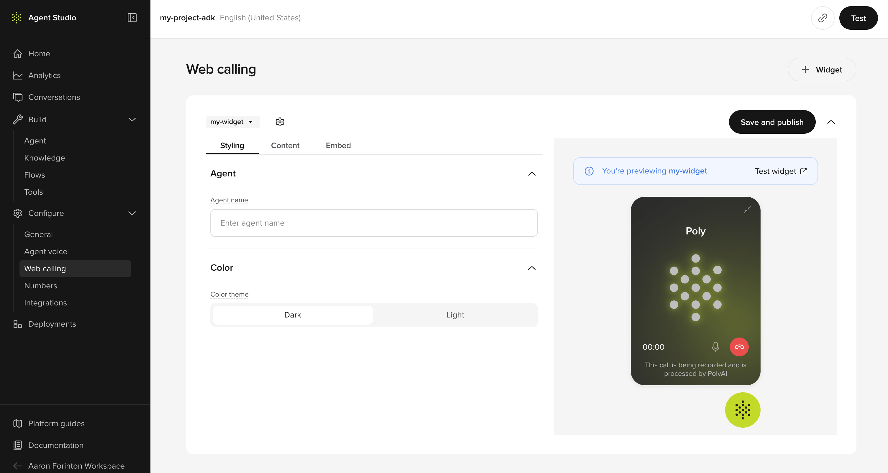 Widget editor Styling tab showing Agent name field, Color theme toggle, and a live preview of the widget