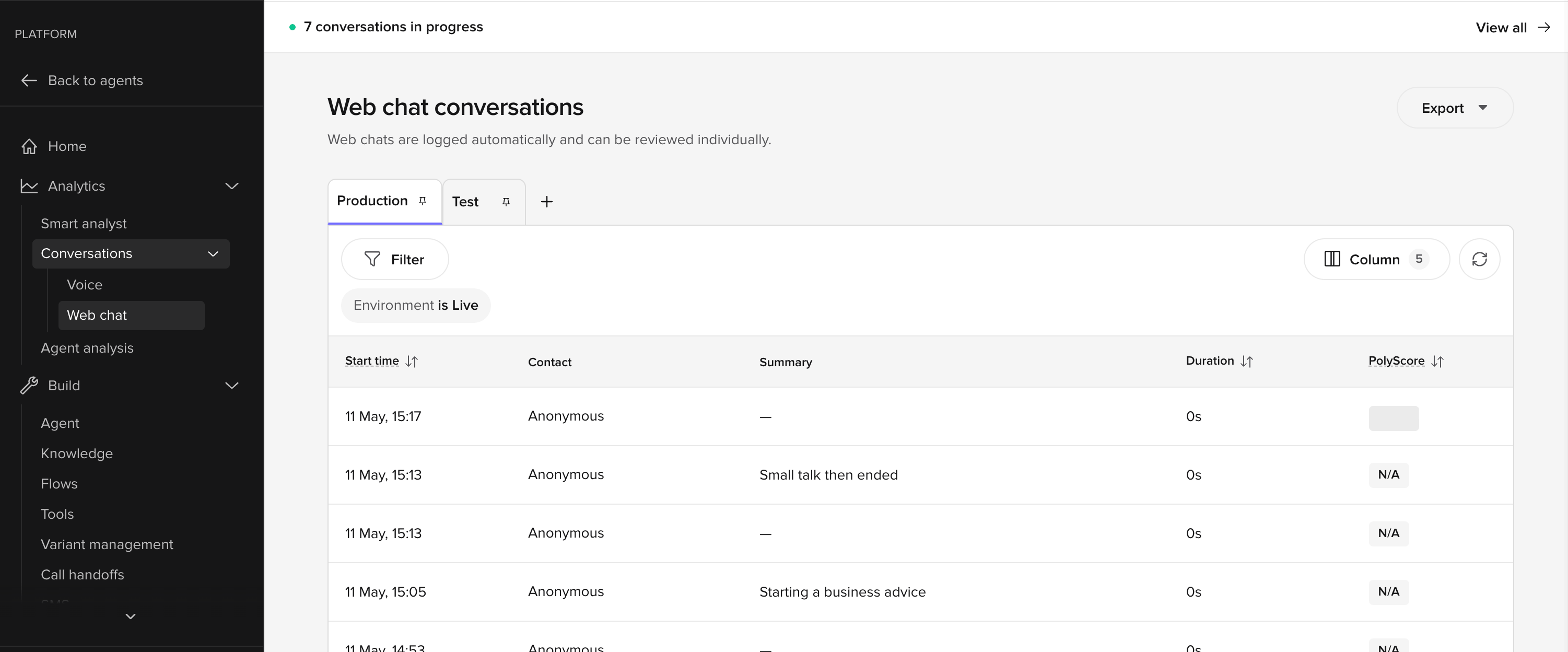 Web chat conversations page with the Production view pinned, an Environment is Live filter chip, and a 7 conversations in progress banner above the table