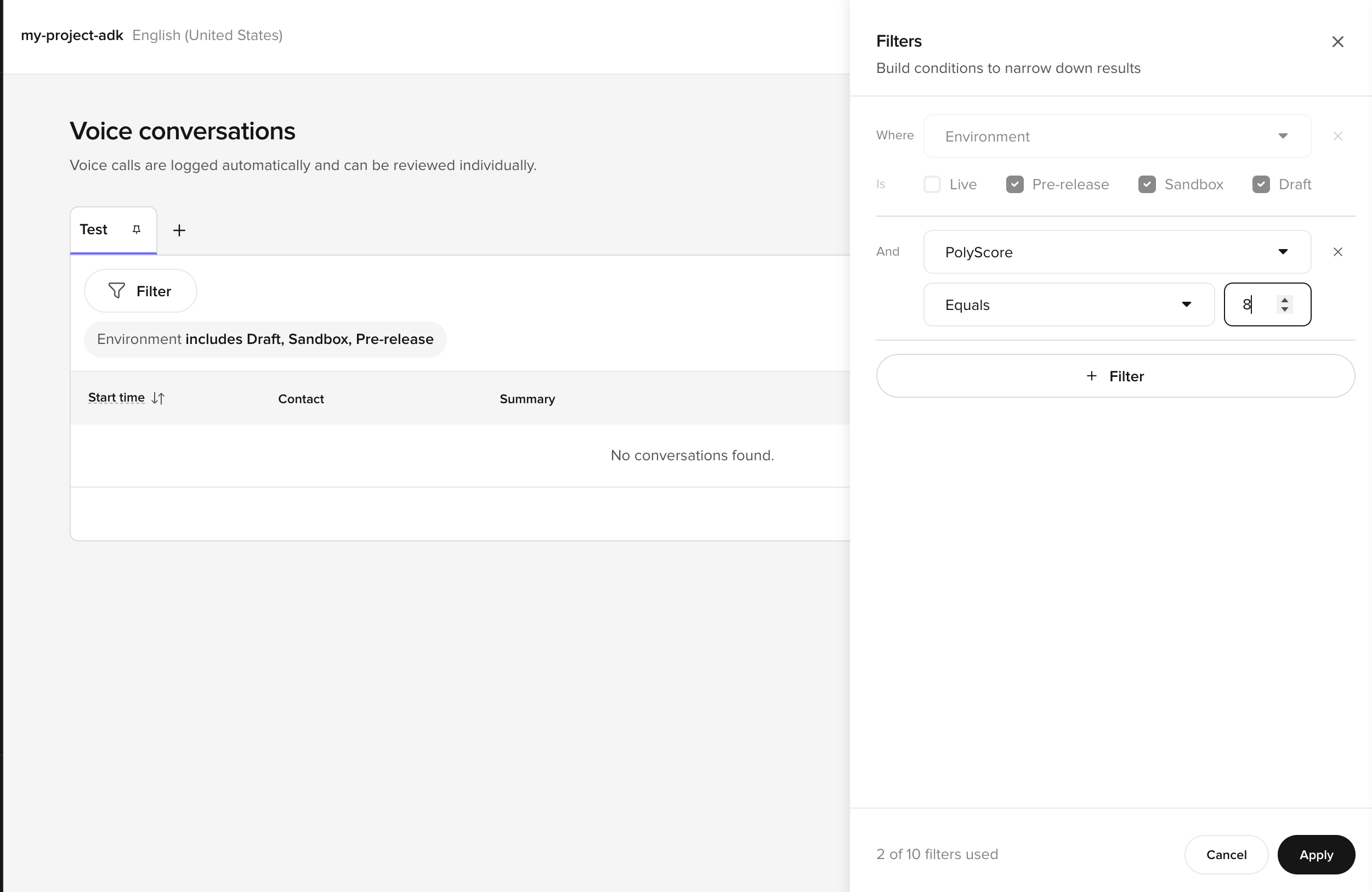 Voice conversations page with an environment filter chip, a Filters side panel for building further conditions, and a Start time / Contact / Summary table