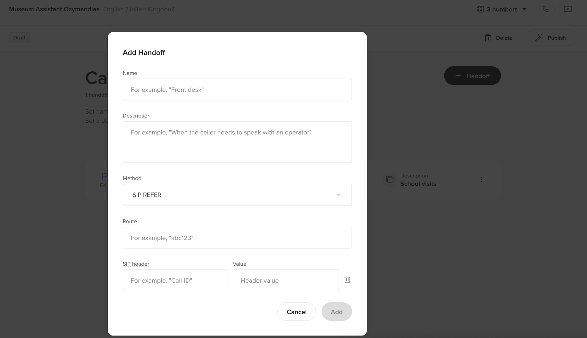 Adding a handoff destination