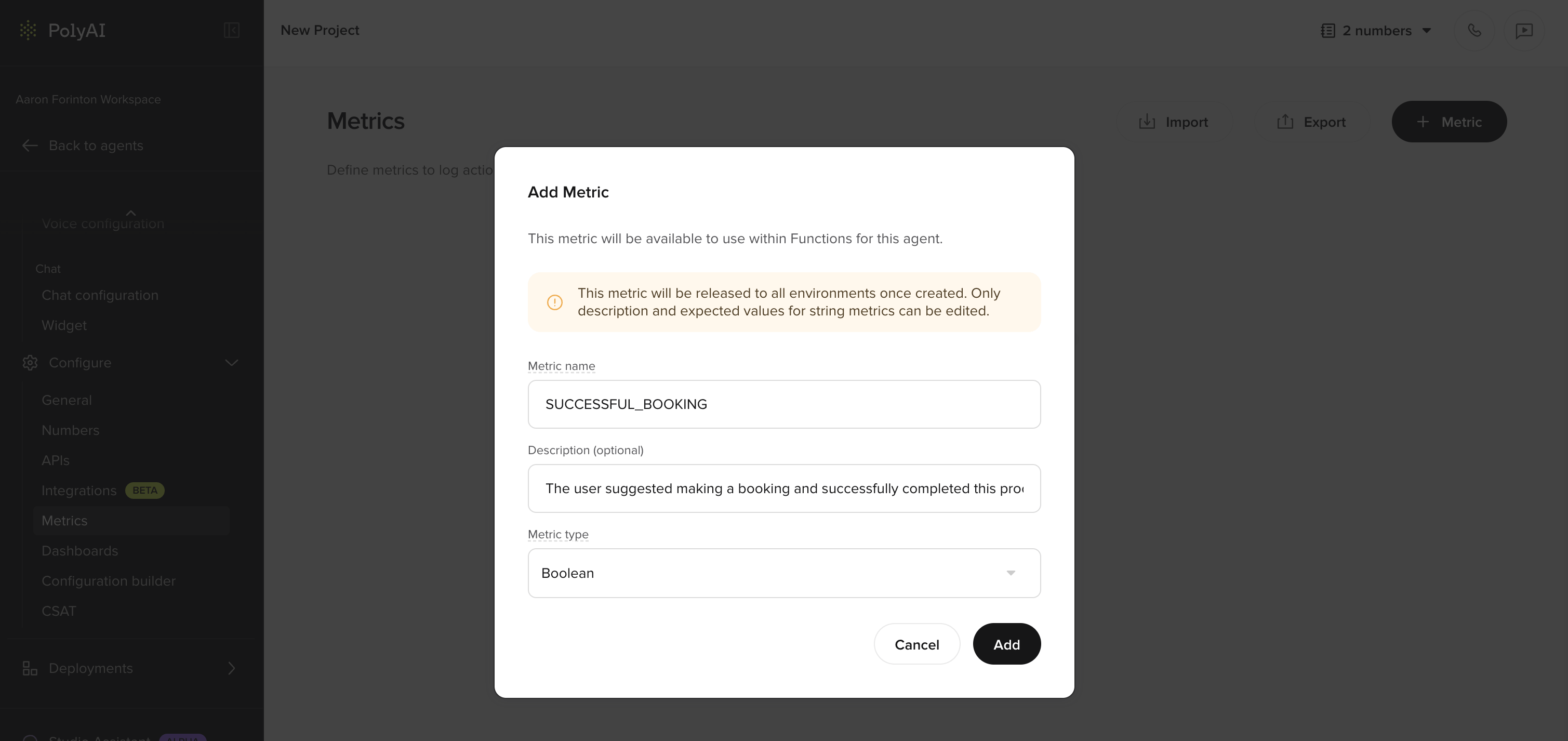 Metric creation form