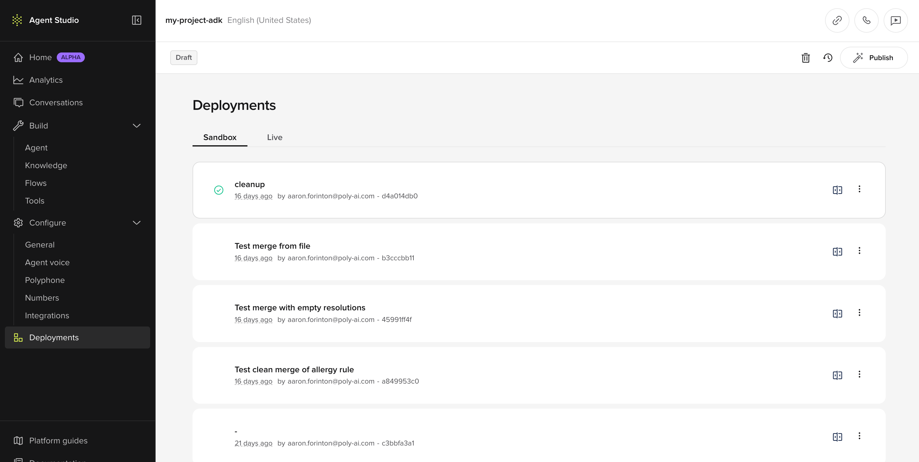 Deployments page in Agent Builder mode showing the Sandbox tab with a list of published versions