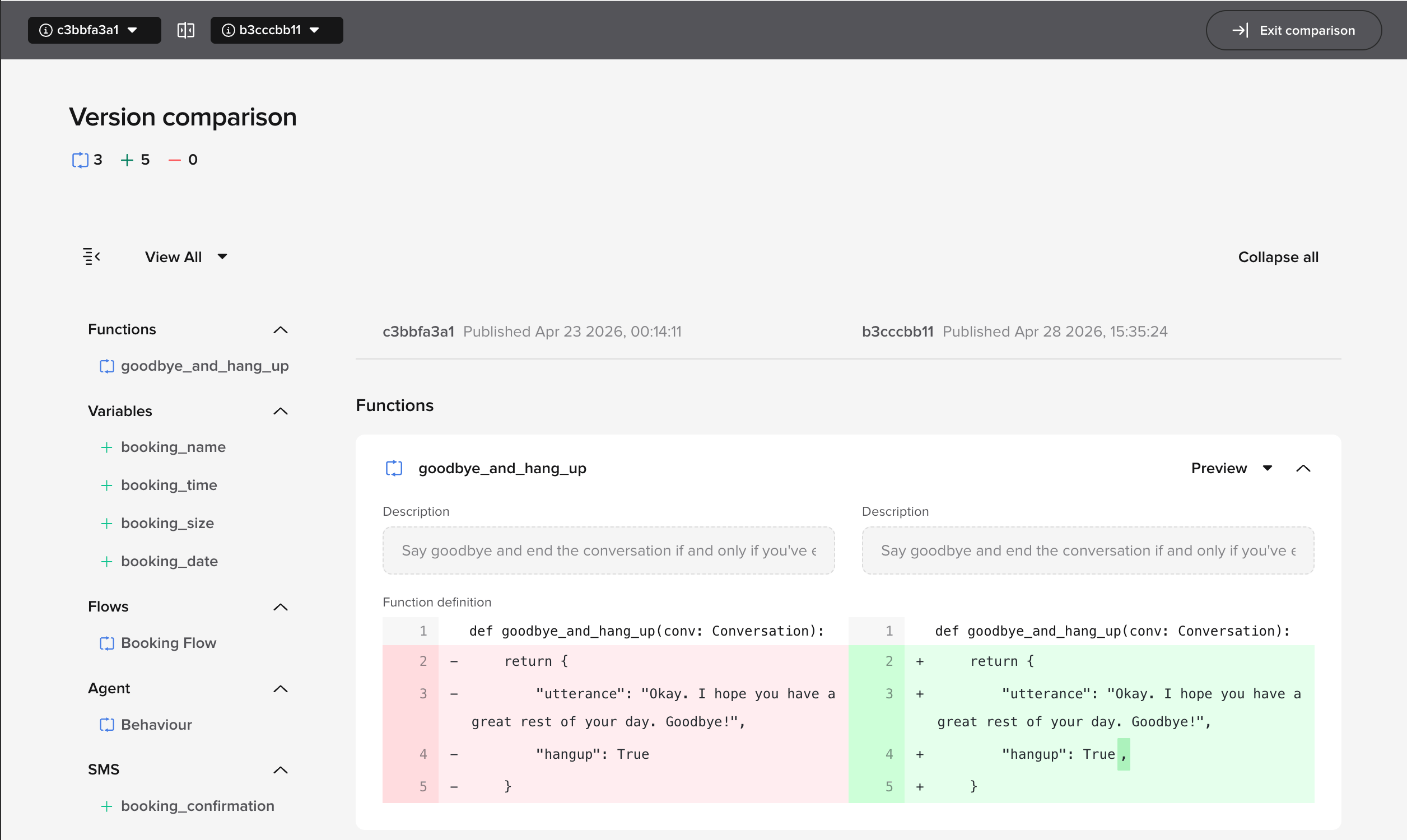 Version comparison view showing two deployments side by side with line-level diffs across Functions, Variables, Flows, and other agent settings